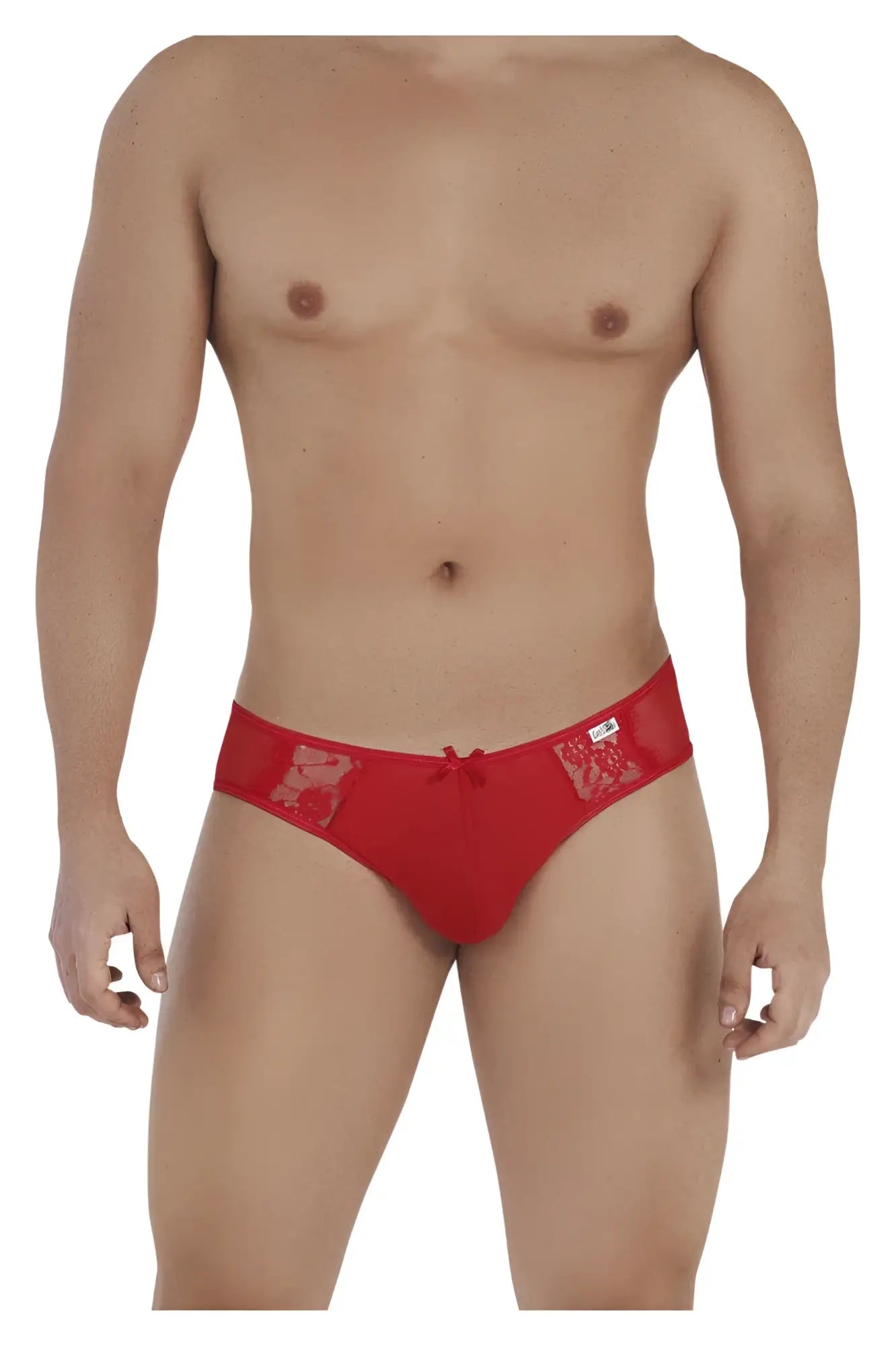Red candy man 99538 lace jockstrap briefs with lace trim and small bow at front in vibrant red color