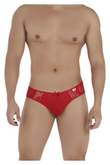 Red candy man 99538 lace jockstrap briefs with lace trim and small bow at front in vibrant red color