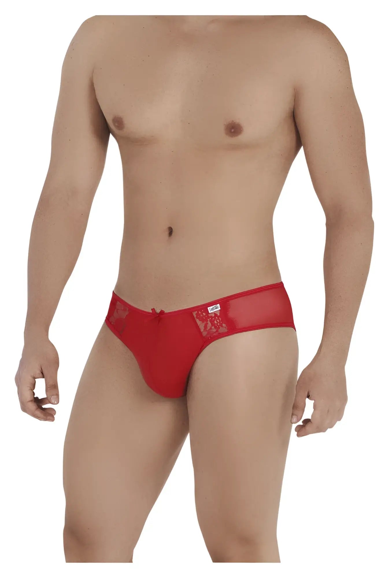 Red lace-trimmed men’s briefs with sheer mesh panel and decorative embroidery candyMan 99538 lace jockstrap red