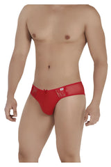 Red lace-trimmed men’s briefs with sheer mesh panel and decorative embroidery candyMan 99538 lace jockstrap red