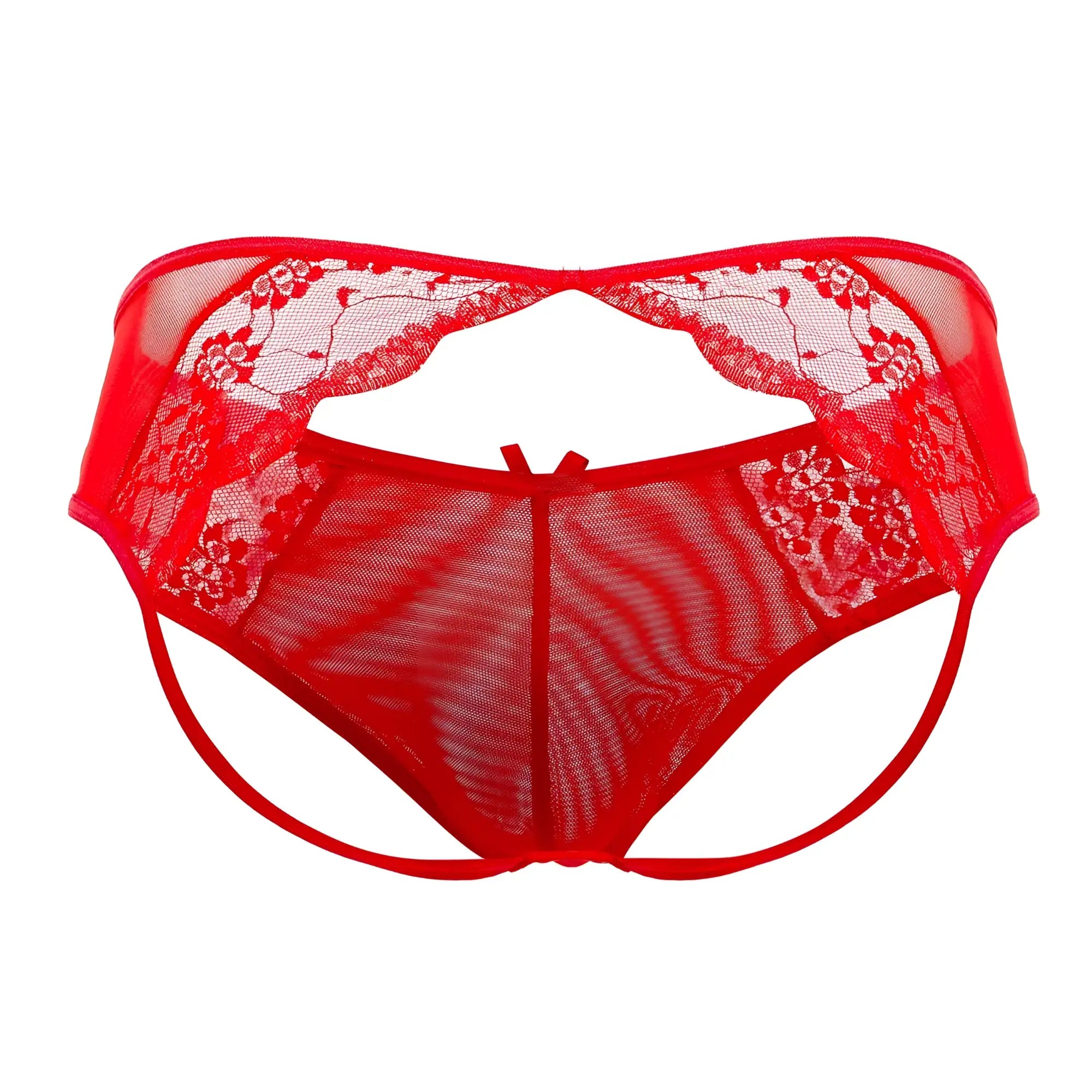 Candyman 99538 lace jockstrap in red features a red lace-trimmed mesh thong with floral patterns and a central bow