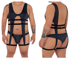 Black satin-like gladiator bodysuit by candyman with adjustable straps and back buckle shown from the back side