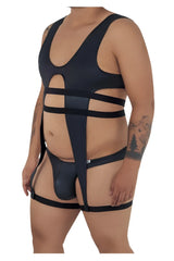 Black form-fitting strappy harness-style bodysuit candyMan 99541X with glossy finish and cut-out design