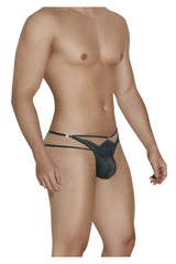 Black lace CandyMan 99547 double thong in hunter green with sheer patterned front panel and adjustable straps