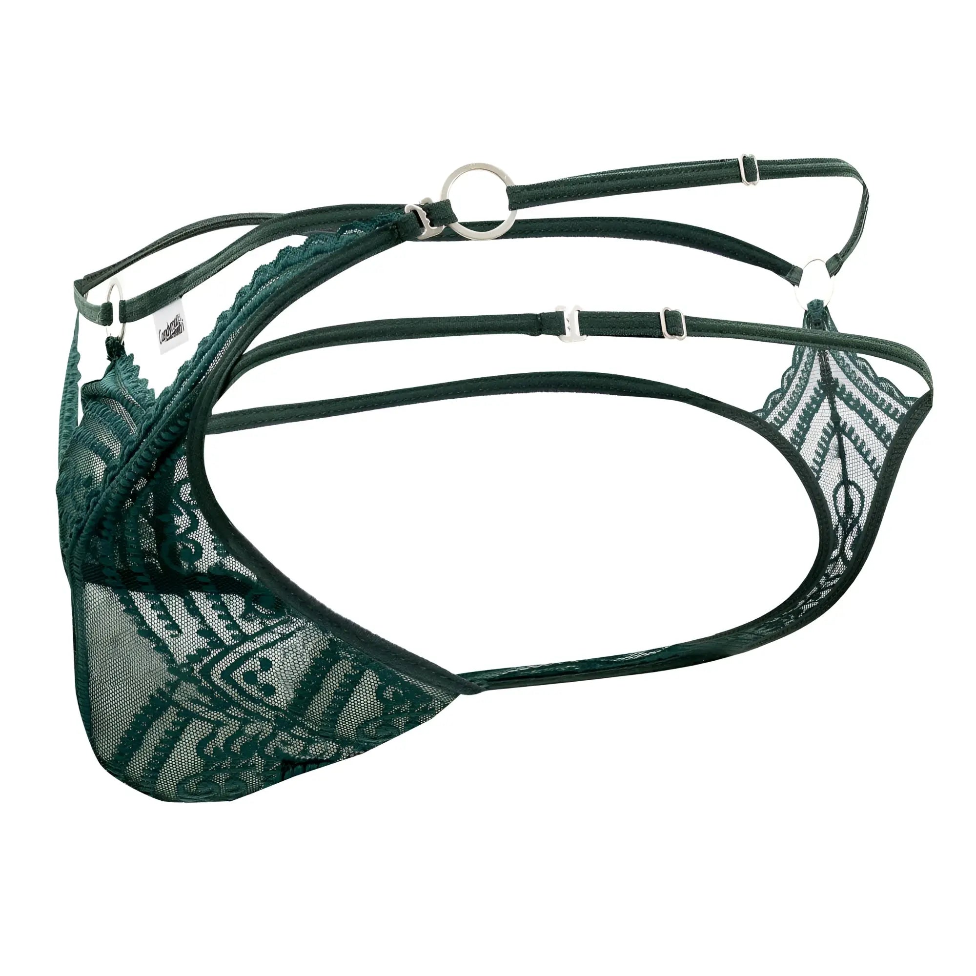 Dark green lace double thongs by candyman 99547 with intricate patterns and adjustable straps in hunter green