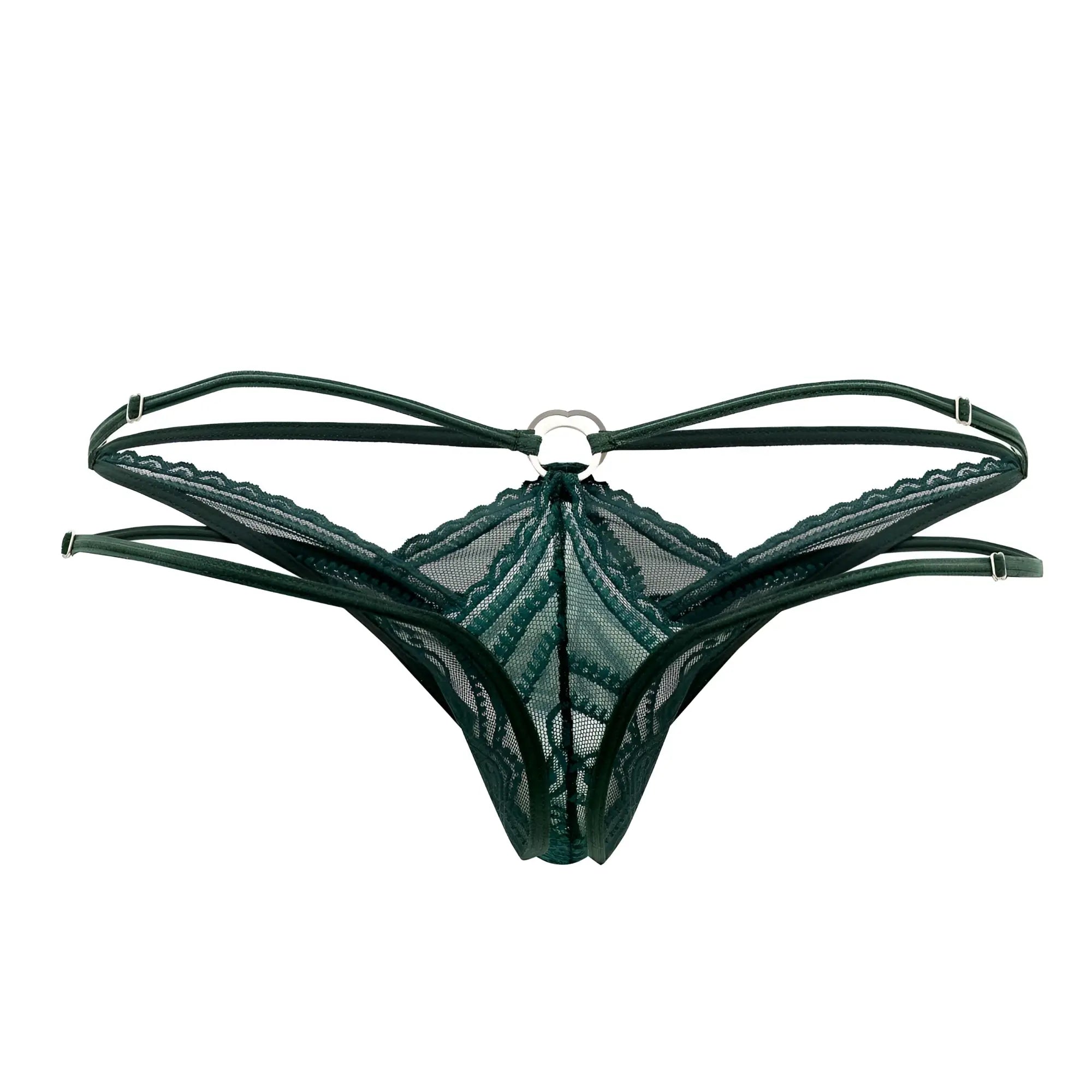 Dark green lace thong with central metal ring and adjustable straps by CandyMan model 99547 in color Hunter Green