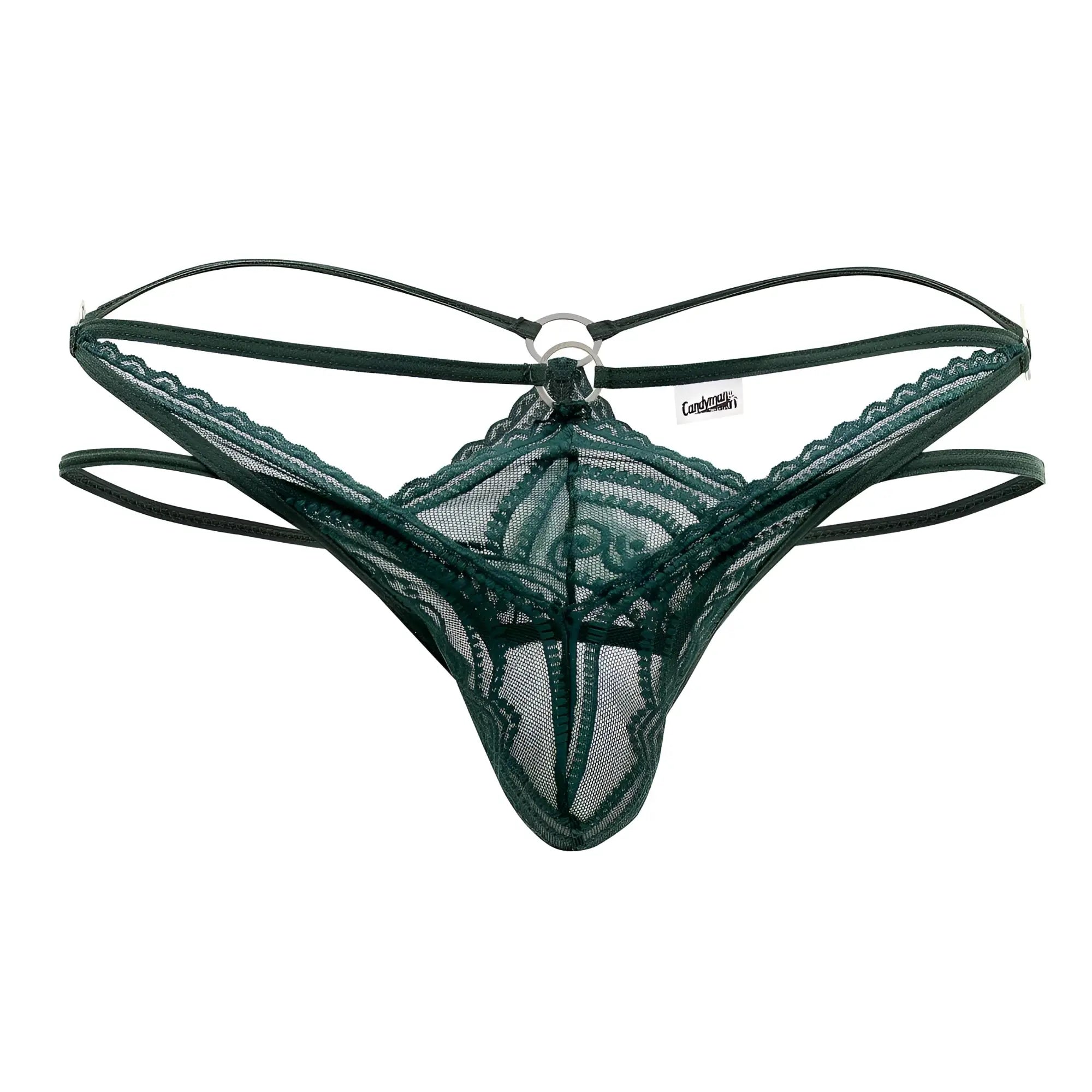 Dark green lace thong with central ring and adjustable straps from Candyman 99547 double thongs collection