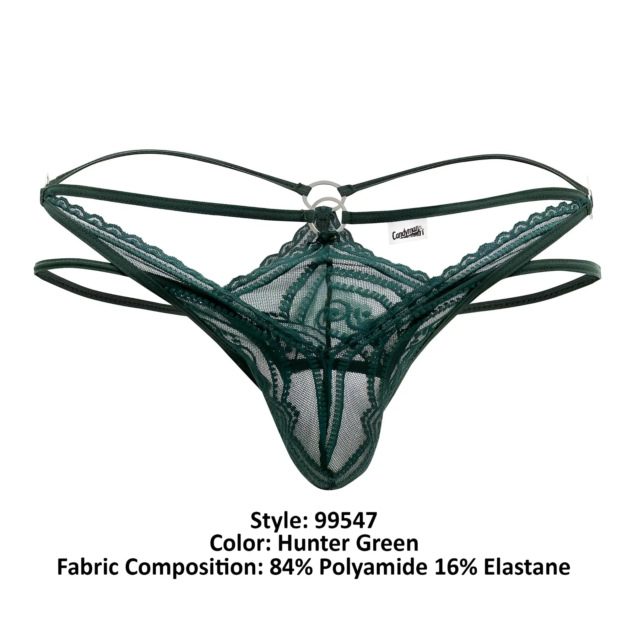 CandyMan 99547 double thong hunter green lace mesh design with thin elastic straps front view