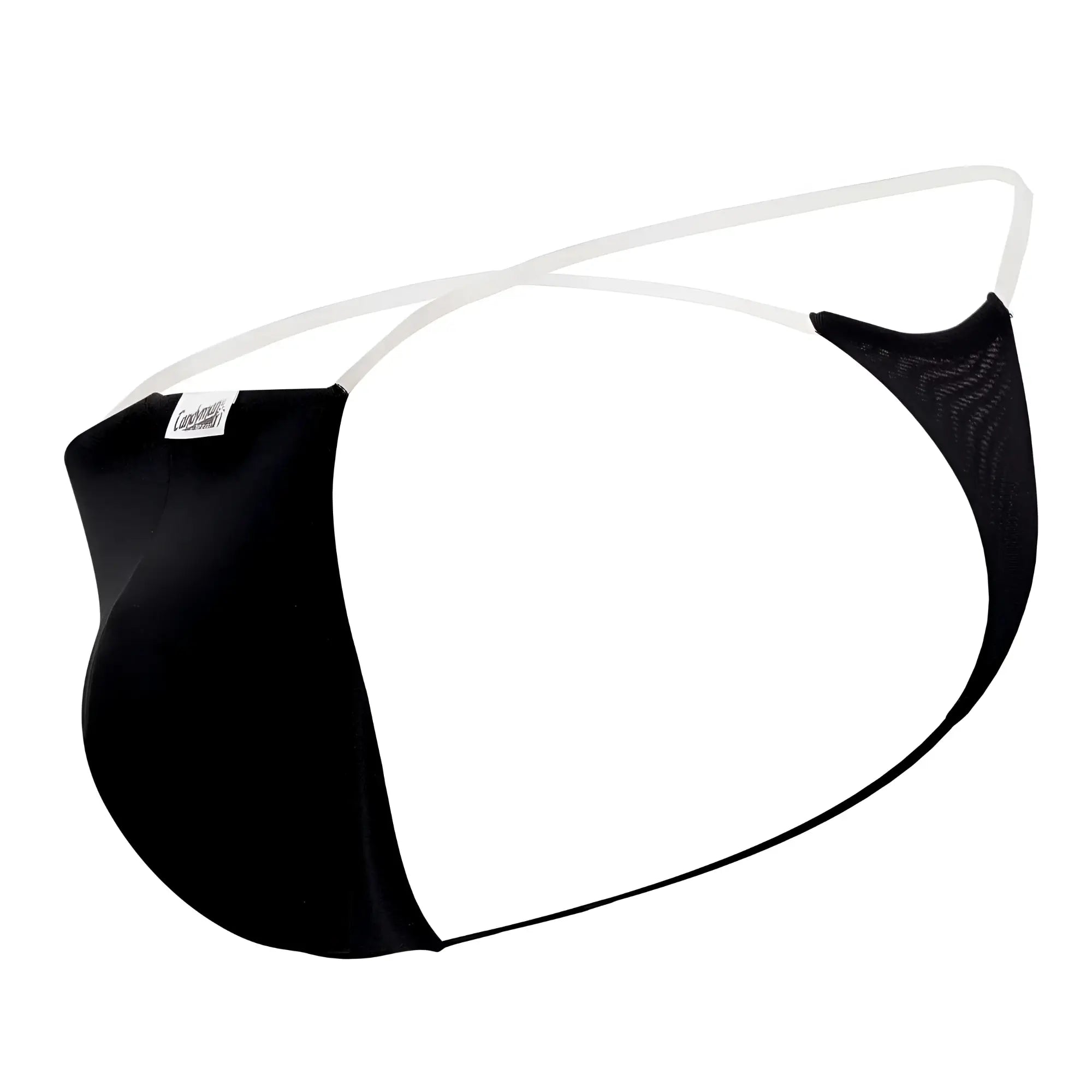 Black candyMan 99548 invisible micro thong in mesh and satin with white elastic straps for men front view