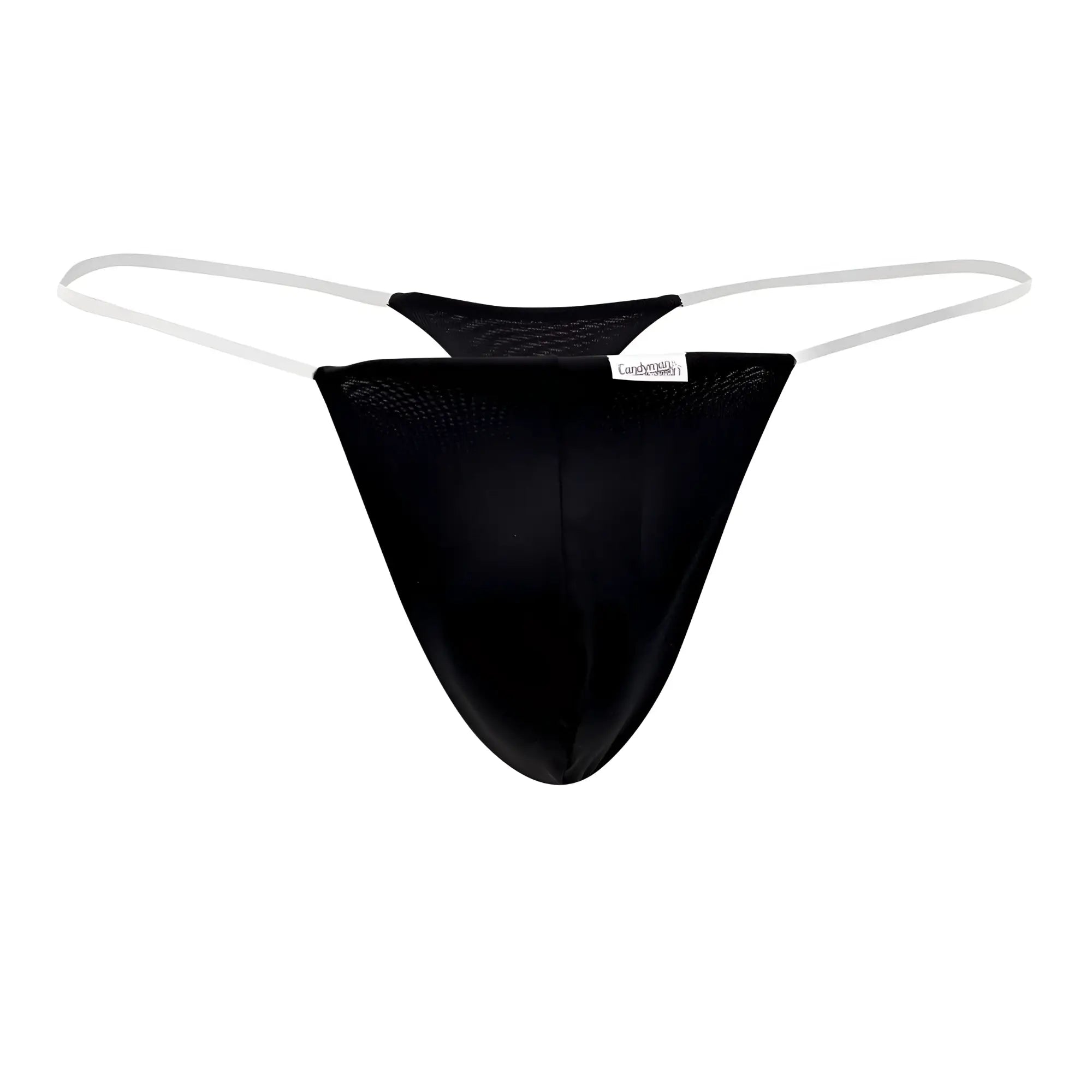 Black mesh CandyMan 99548 invisible micro thong with white elastic straps and a small brand tag visible