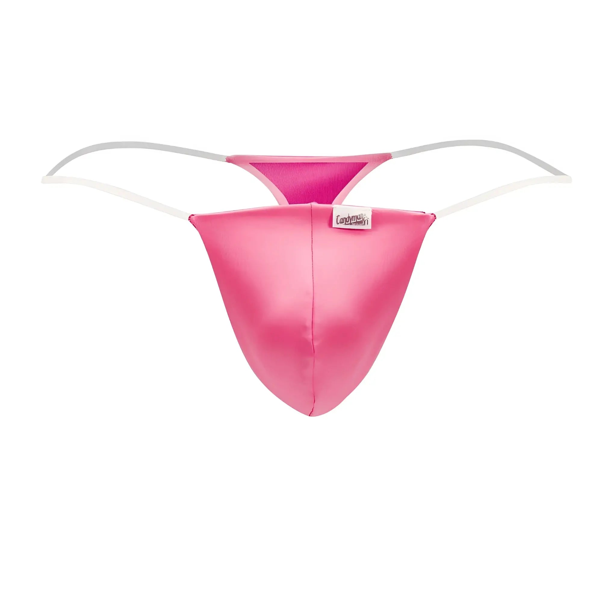 A vibrant hot pink satin-like CandyMan 99548 invisible micro thong with white elastic straps and brand tag visible