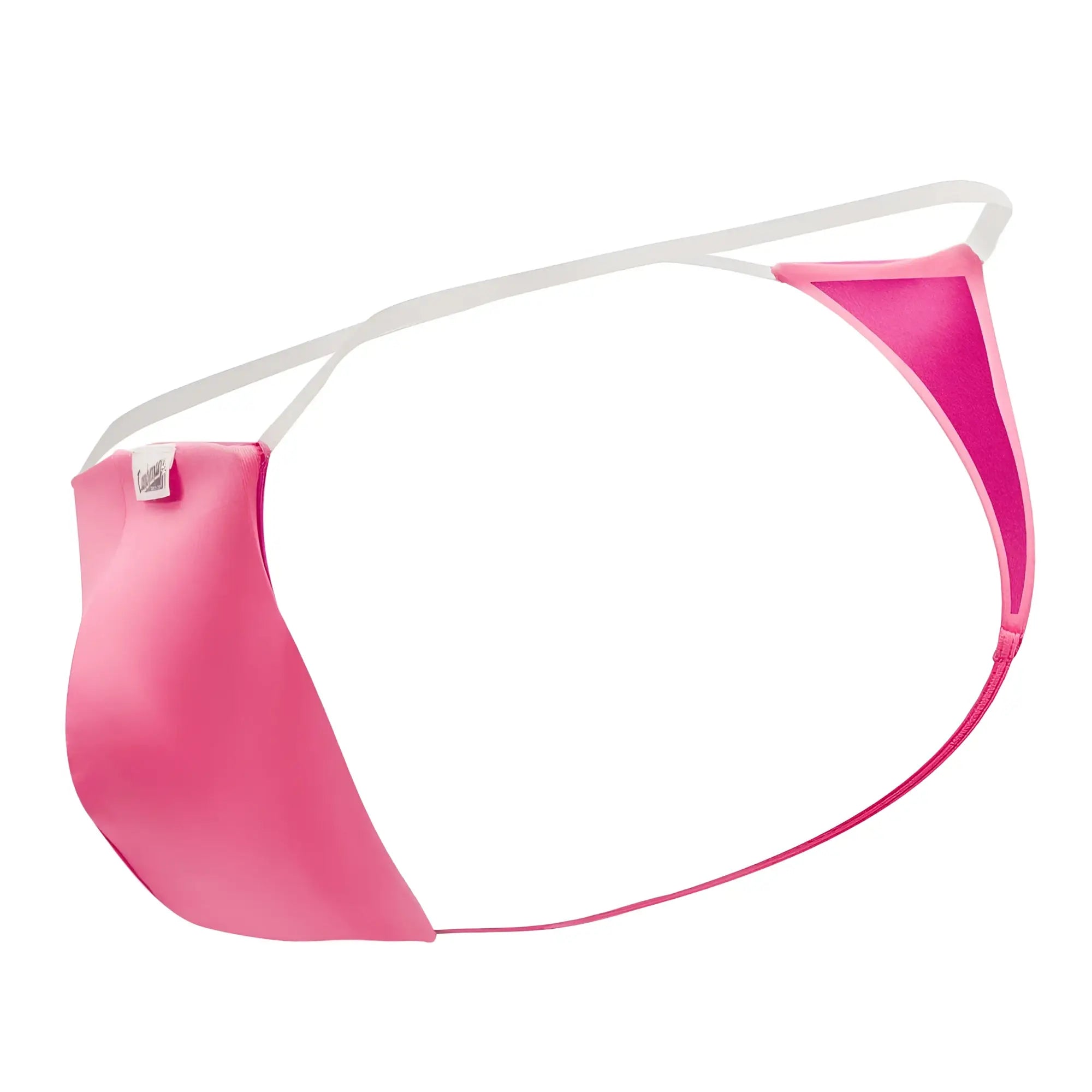 A vibrant hot pink candyman 99548 invisible micro thong with white elastic waistband and a small brand tag