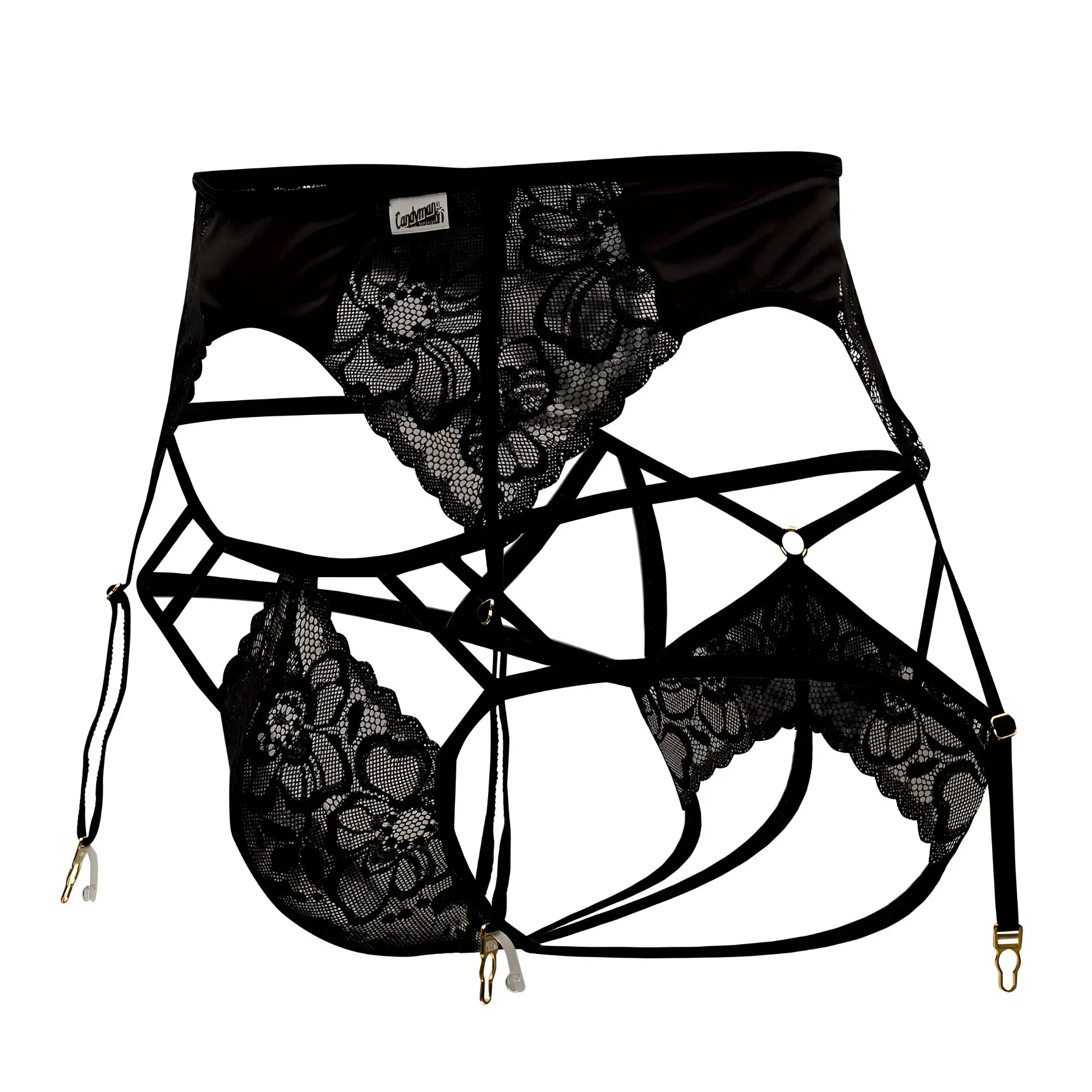 Black lace garter belt with floral patterns and adjustable straps from Candyman 99550 lace garter-jockstrap outfit