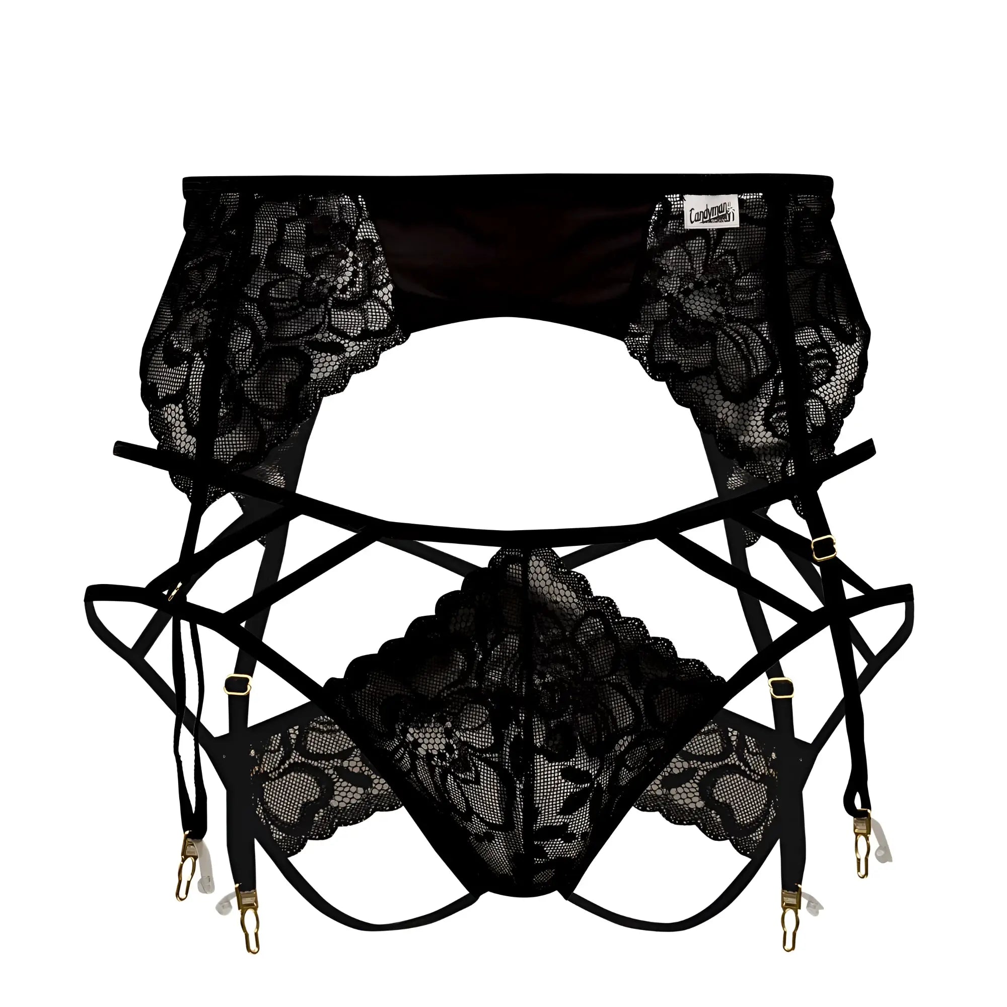 CandyMan 99550 black lace garter belt with floral patterns and adjustable straps for intimate outfit use