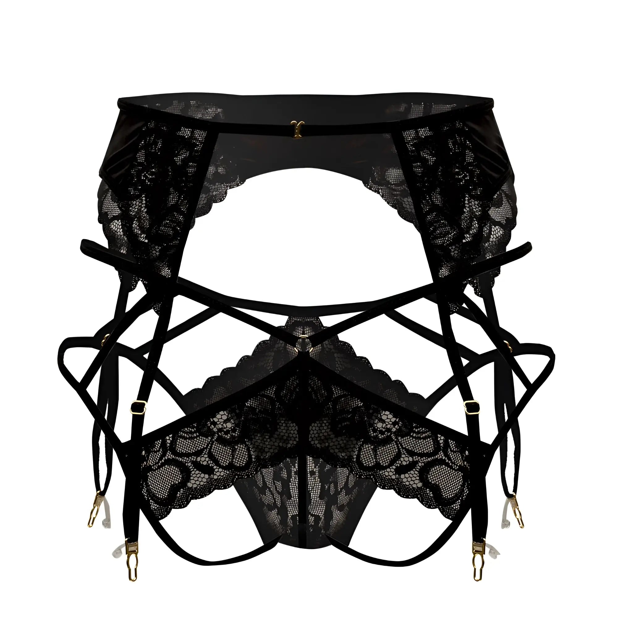 Black lace CandyMan 99550 garter-jockstrap outfit with intricate floral patterns and adjustable gold-toned straps