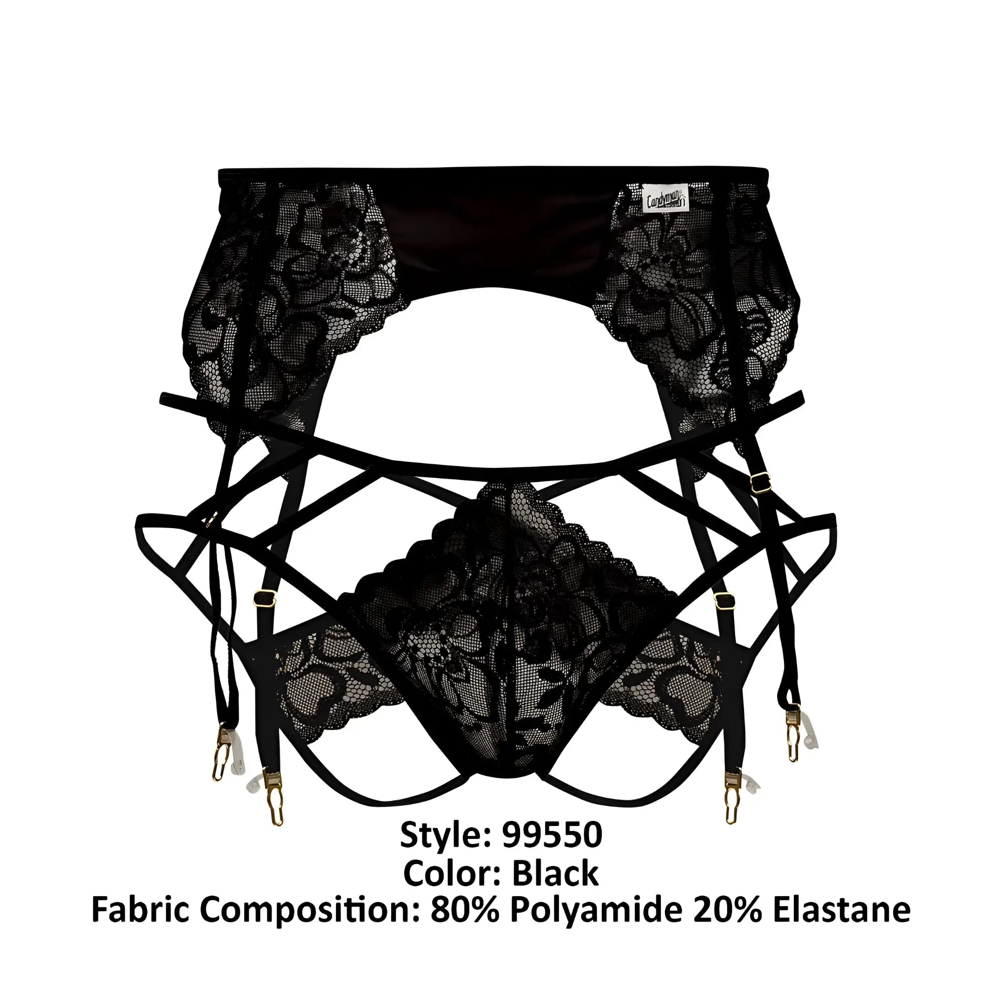 Black lace garter belt from Candyman 99550 with intricate floral patterns and adjustable straps in color black