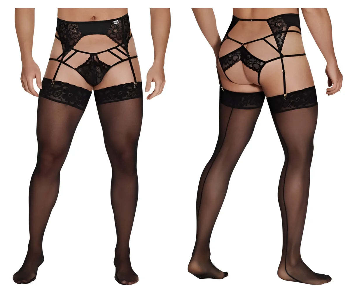 Black lace garter-jockstrap outfit with sheer stockings by candyman in black showcasing intricate lace material