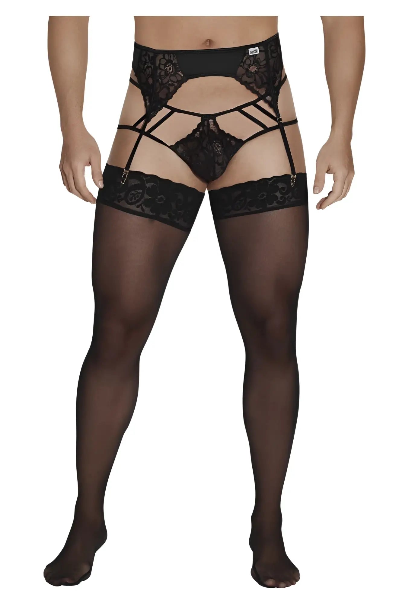 Black lace garter belt with sheer stockings from candyman 99550 lace garter-jockstrap outfit in black