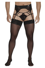 Black lace garter belt with sheer stockings from candyman 99550 lace garter-jockstrap outfit in black