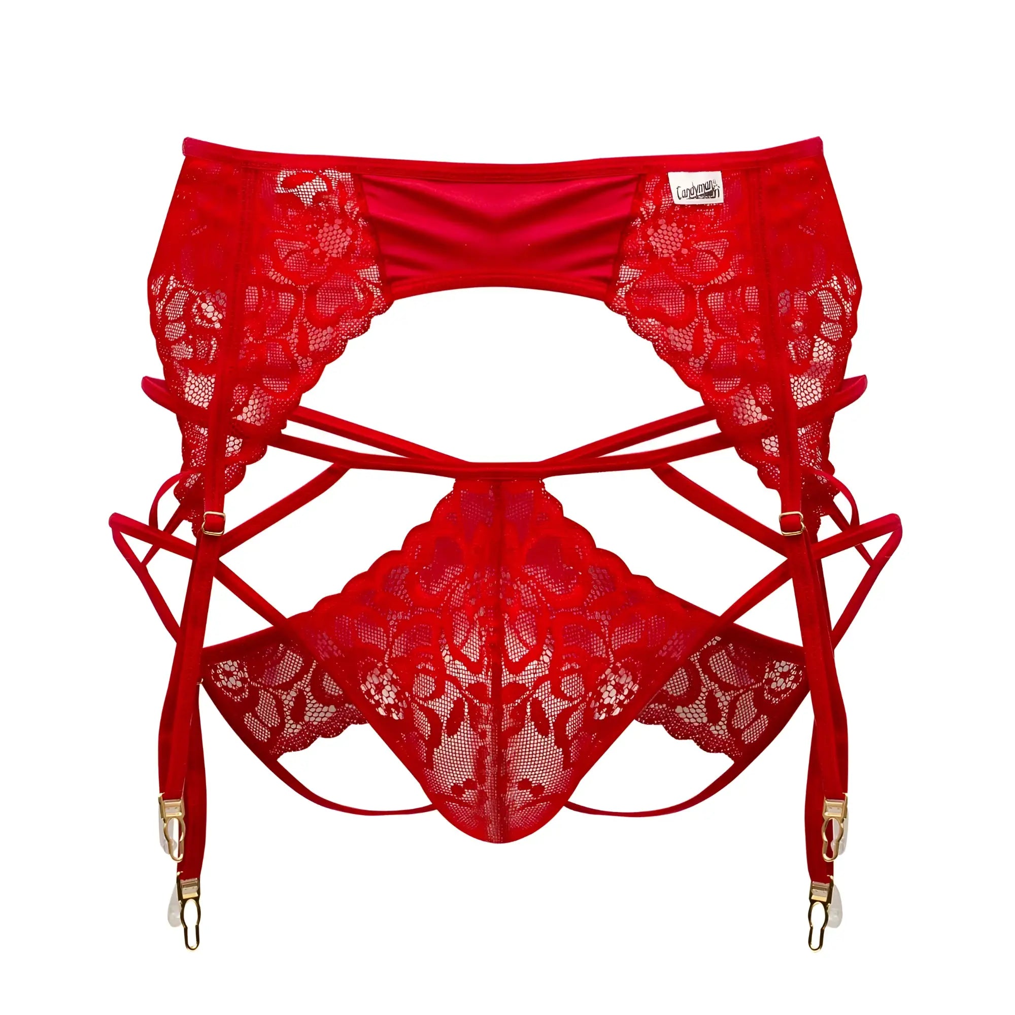 Red lace garter belt with floral patterns and matching suspenders from candyman 99550 lace garter-jockstrap outfit