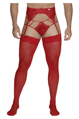 Red lace garter belt with sheer stockings from candyman 99550 lace garter-jockstrap outfit in vibrant red
