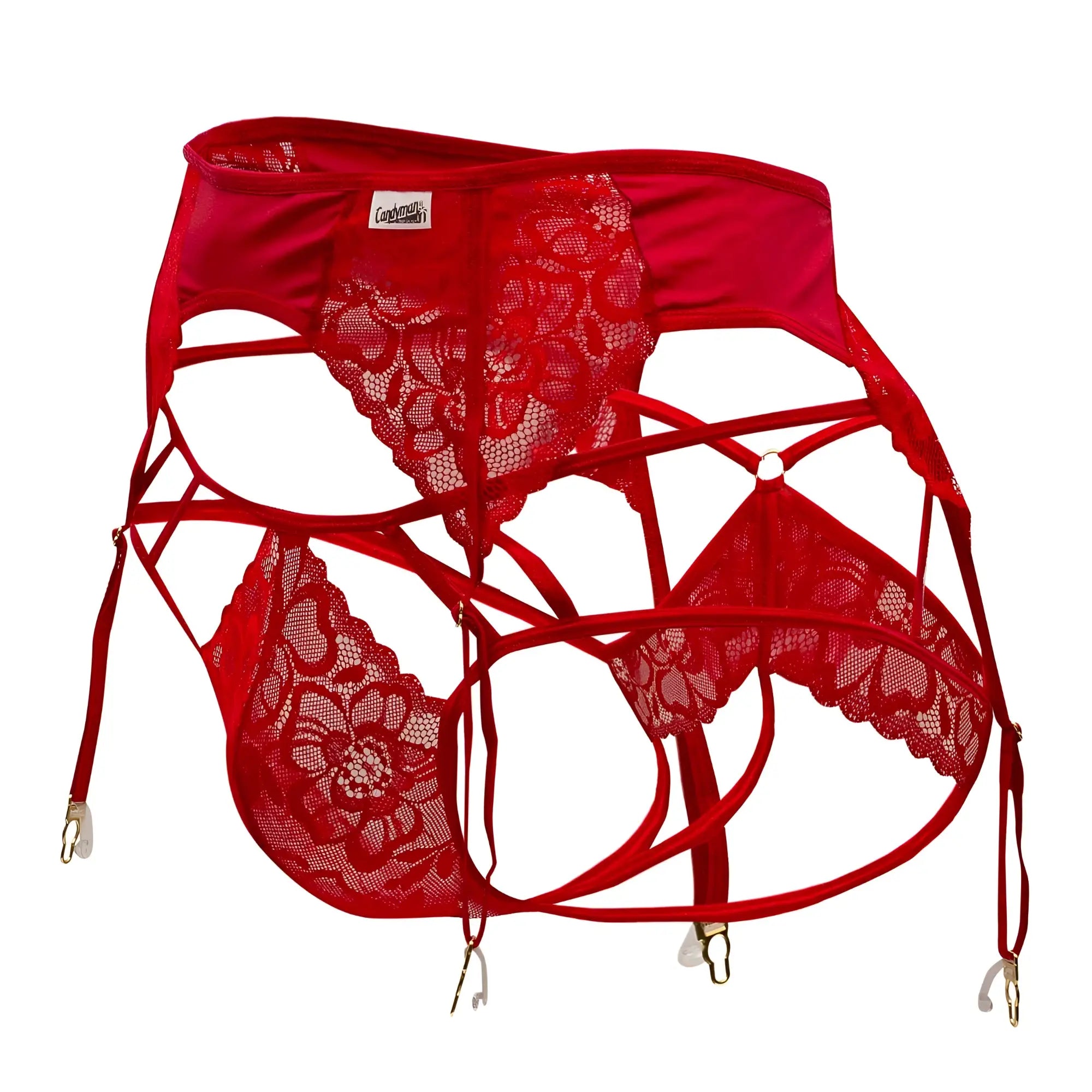 Red lace garter-jockstrap outfit with intricate floral patterns satin straps and gold-toned clasps by CandyMan
