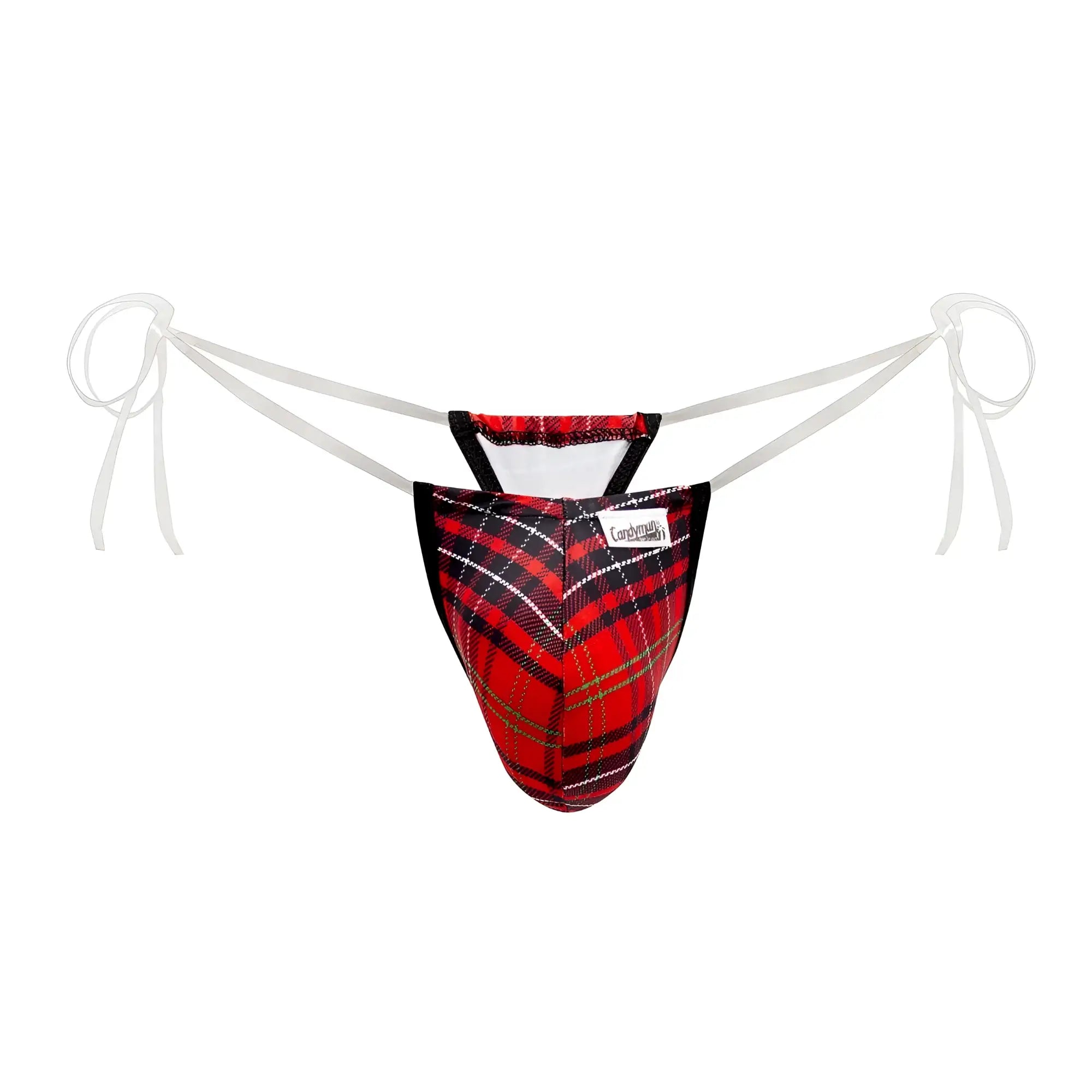 Red and black plaid candy man 99571x invisible micro g-string thong with white ties for men