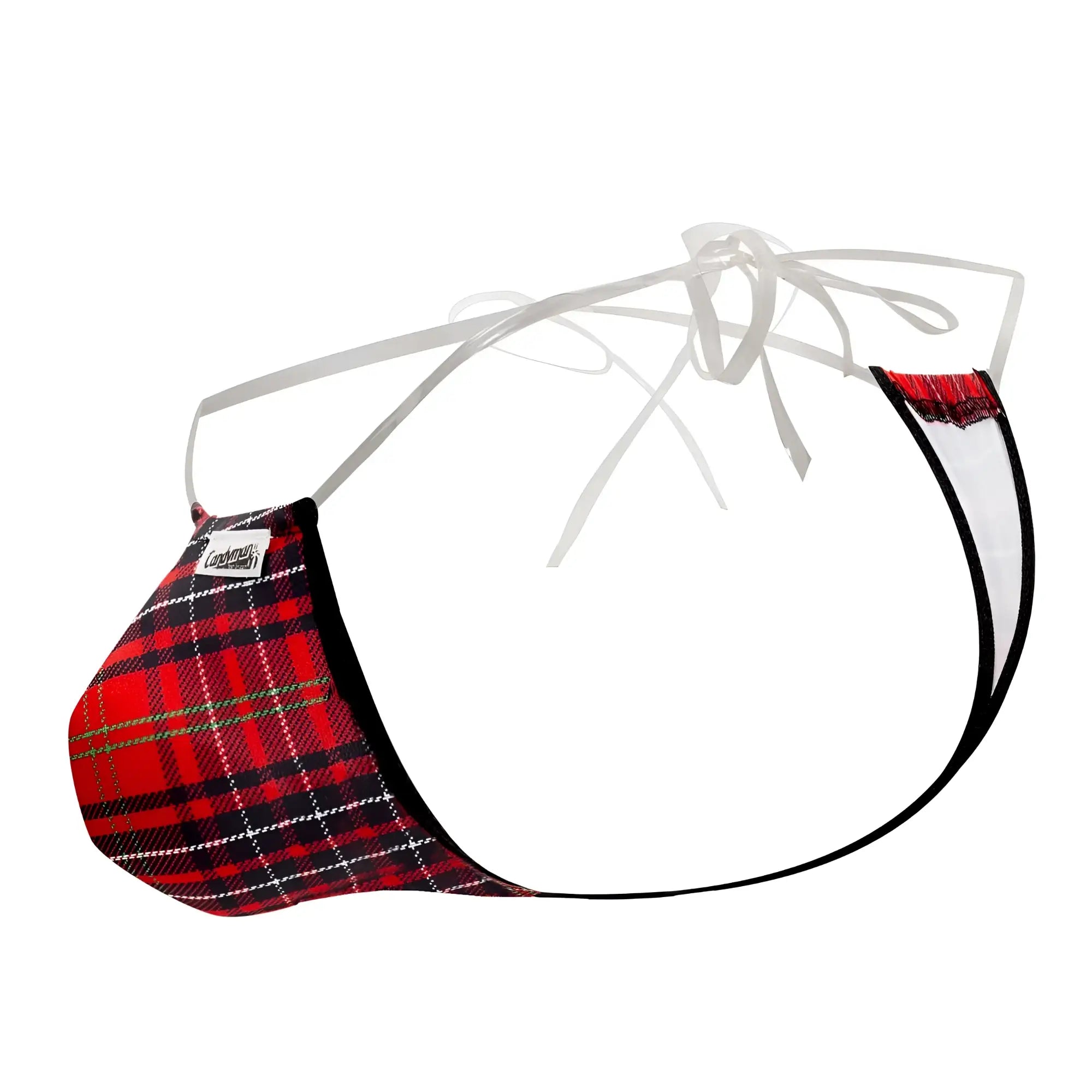 Candyman 99571x invisible micro g-string men’s thong in red and black plaid with white lace trim