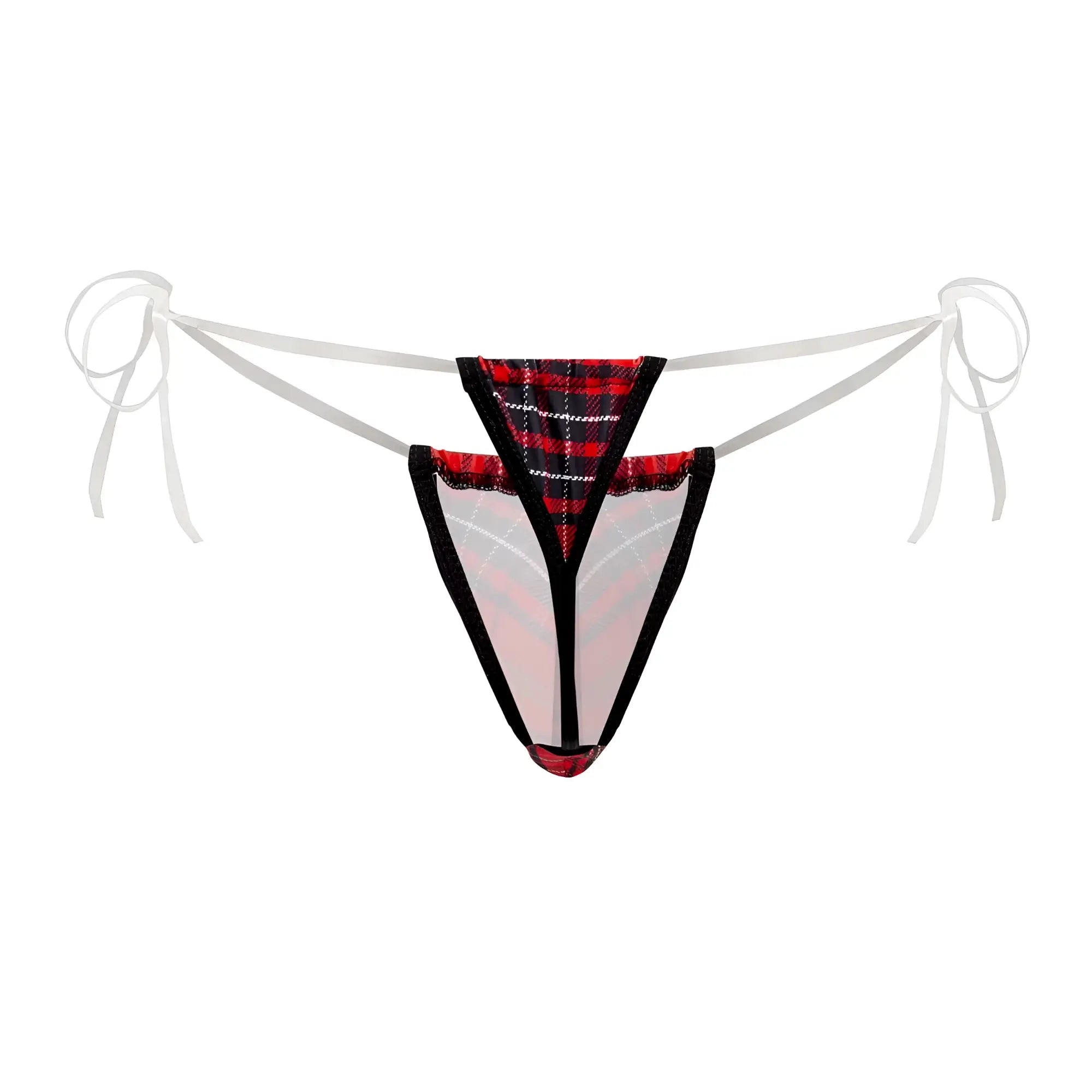 CandyMan 99571X invisible micro g-string in red plaid with sheer mesh panels and white ribbon ties visible from back