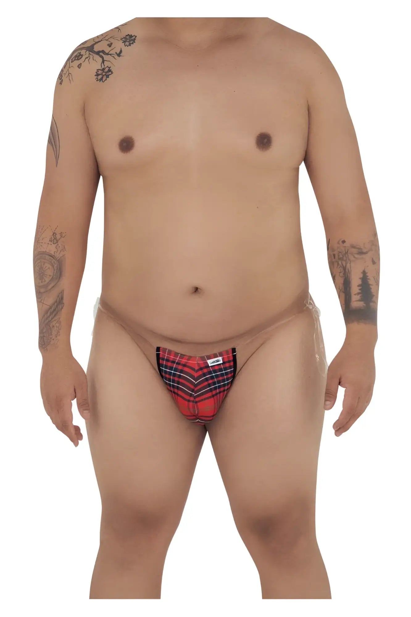 Red and black plaid briefs with a small white label candyMan 99571X invisible micro g-string in red prints