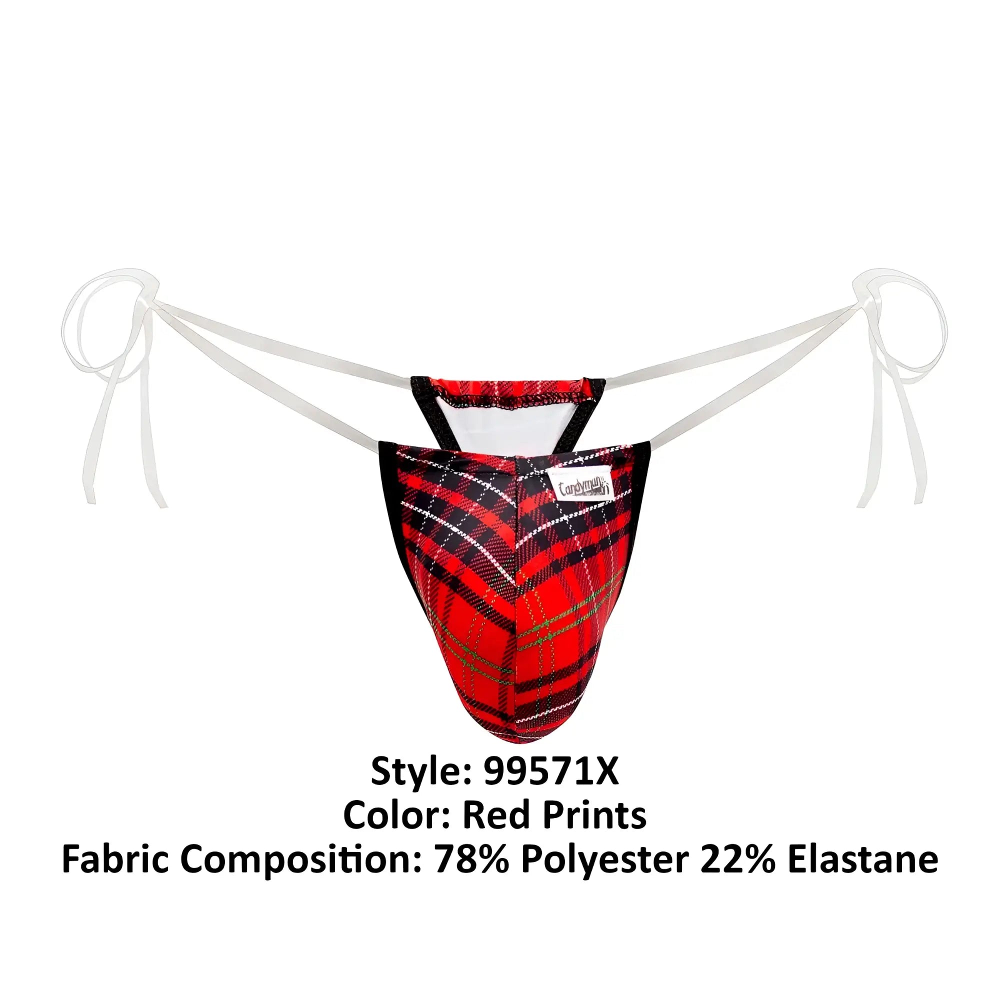 Red plaid mens thong with white ties black trim made of 78 polyester 22 elastane candyMan 99571X invisible micro g-string