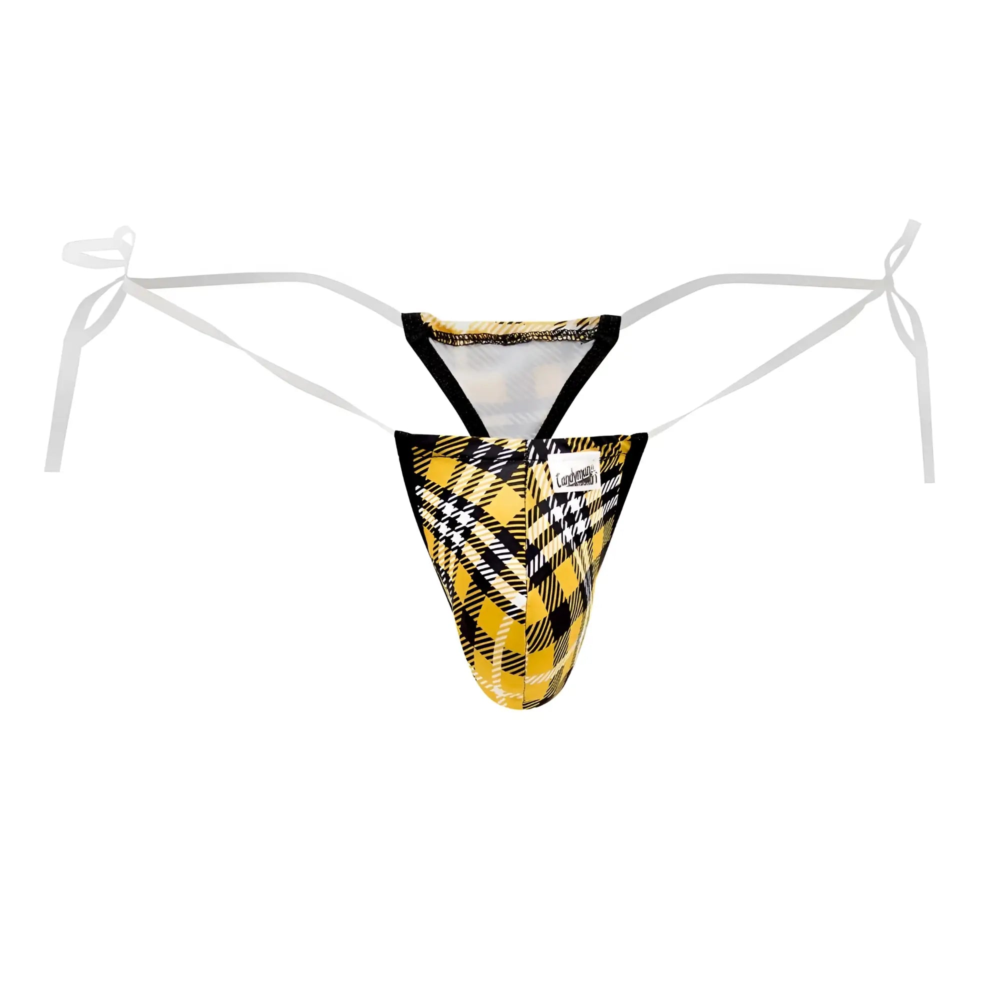 Candyman 99571x invisible micro g-string men’s thong in yellow and black plaid pattern with white tie sides