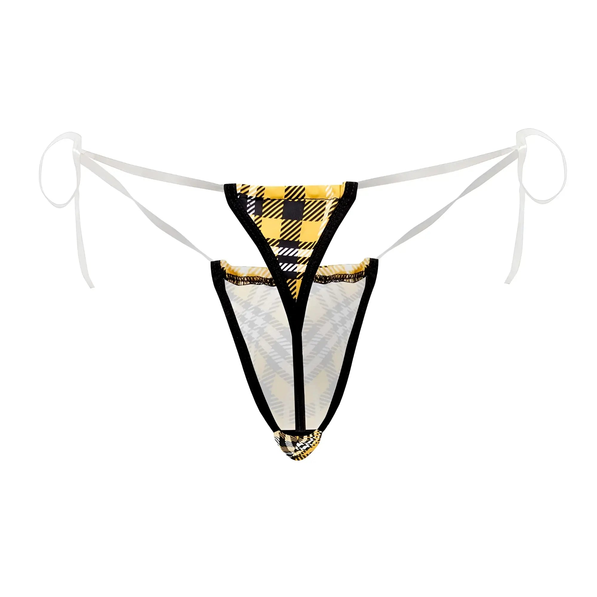 Yellow and black plaid patterned candyMan 99571X invisible micro g-string thong with sheer mesh panels and black elastic trim