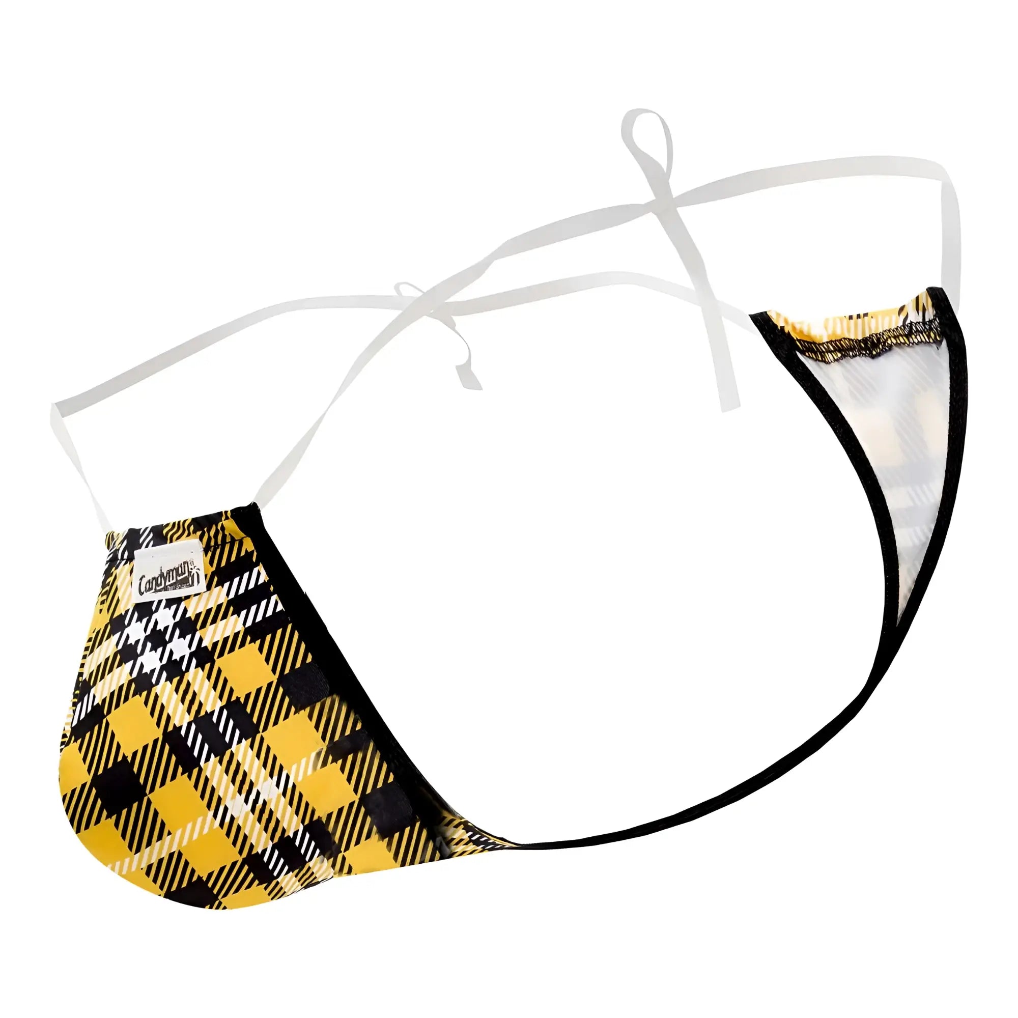Yellow and black plaid patterned candy man 99571x invisible micro g-string thong with white ties for men