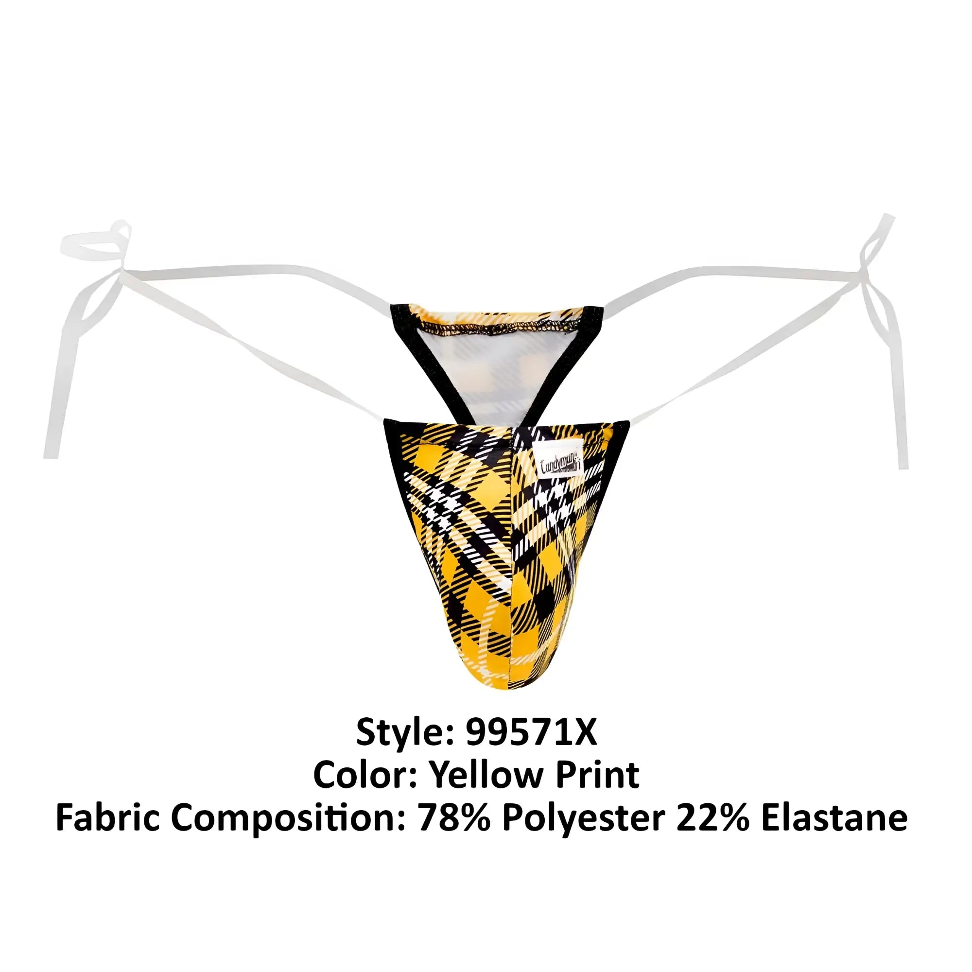 Yellow plaid patterned candy man 99571x invisible micro g-string thong with black white accents and adjustable tie straps