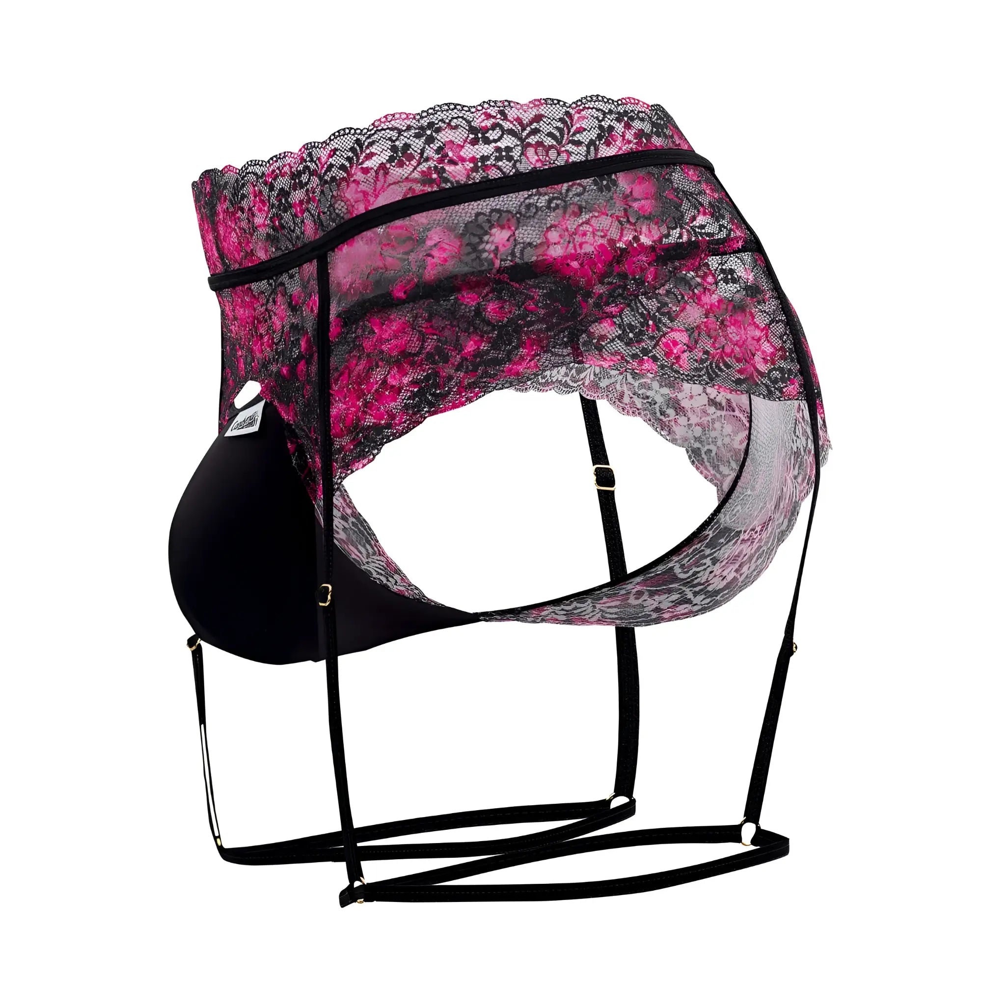 Black lace garter belt candyMan 99576X with vibrant pink floral patterns and delicate scalloped edges