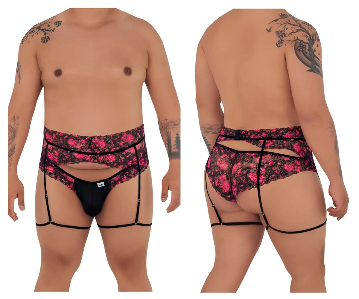 Pink and black floral lace garter belt with matching thong from candyman 99576x lace garter thongs color black print