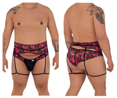 Pink and black floral lace garter belt with matching thong from candyman 99576x lace garter thongs color black print