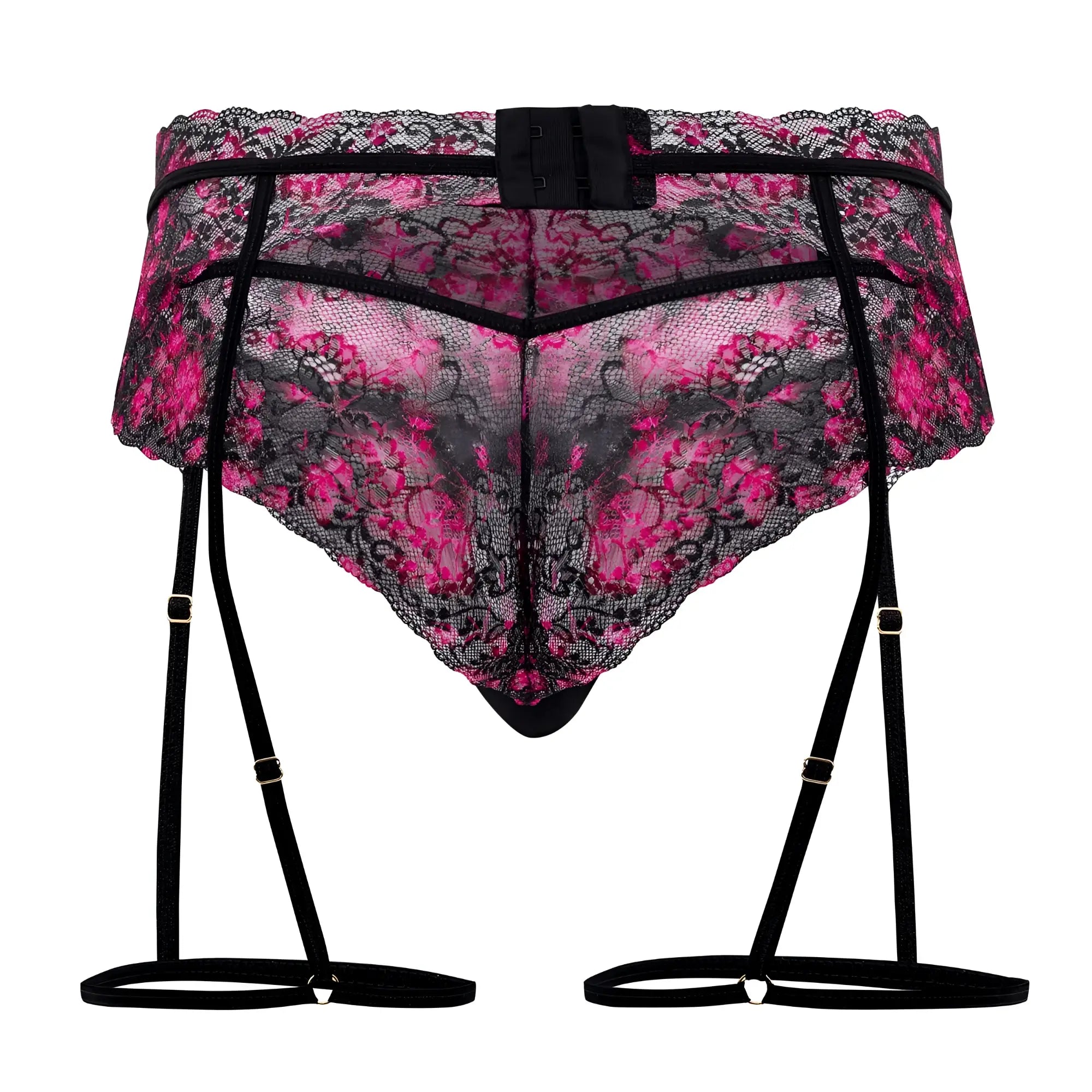 CandyMan 99576X black and pink floral lace garter belt with adjustable straps for lingerie use