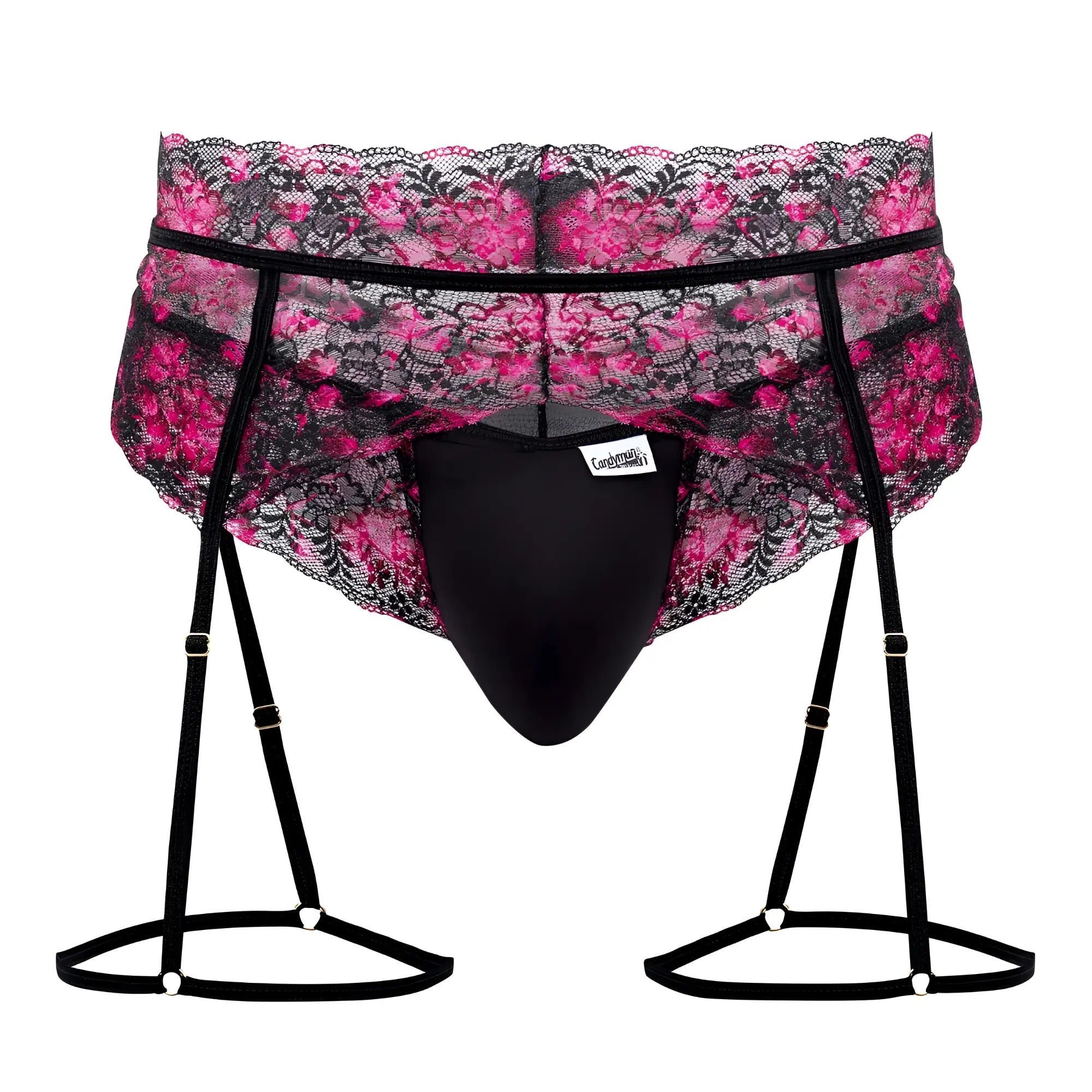CandyMan 99576X lace garter thongs in black with pink floral lace suspenders and black elastic straps