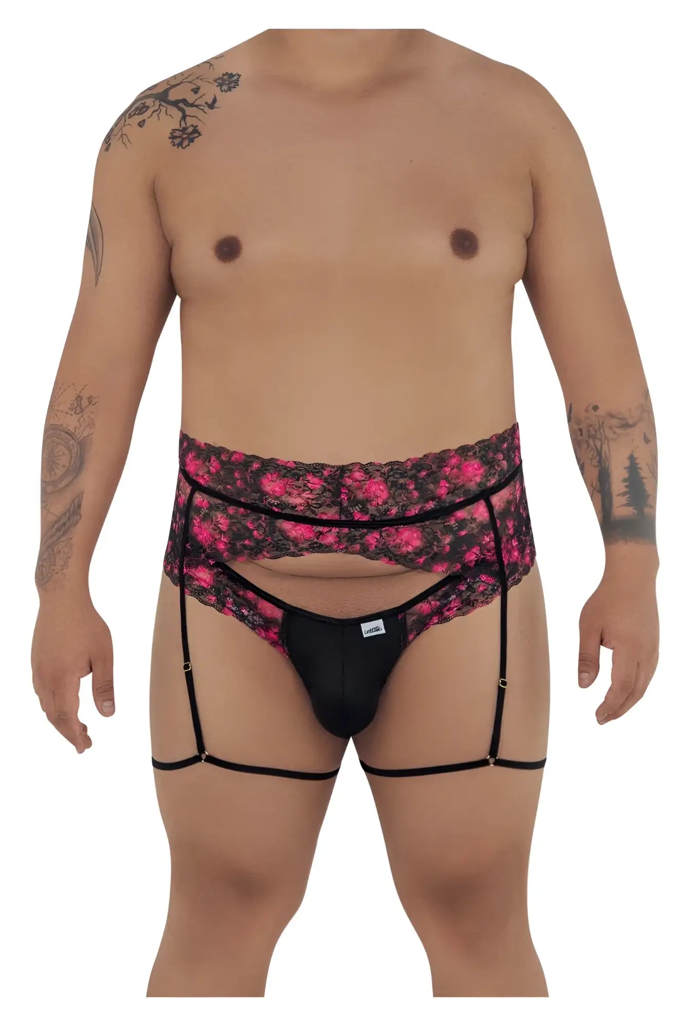 CandyMan 99576X black lace garter belt with pink floral pattern and adjustable straps for lingerie wear