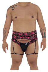 CandyMan 99576X black lace garter belt with pink floral pattern and adjustable straps for lingerie wear