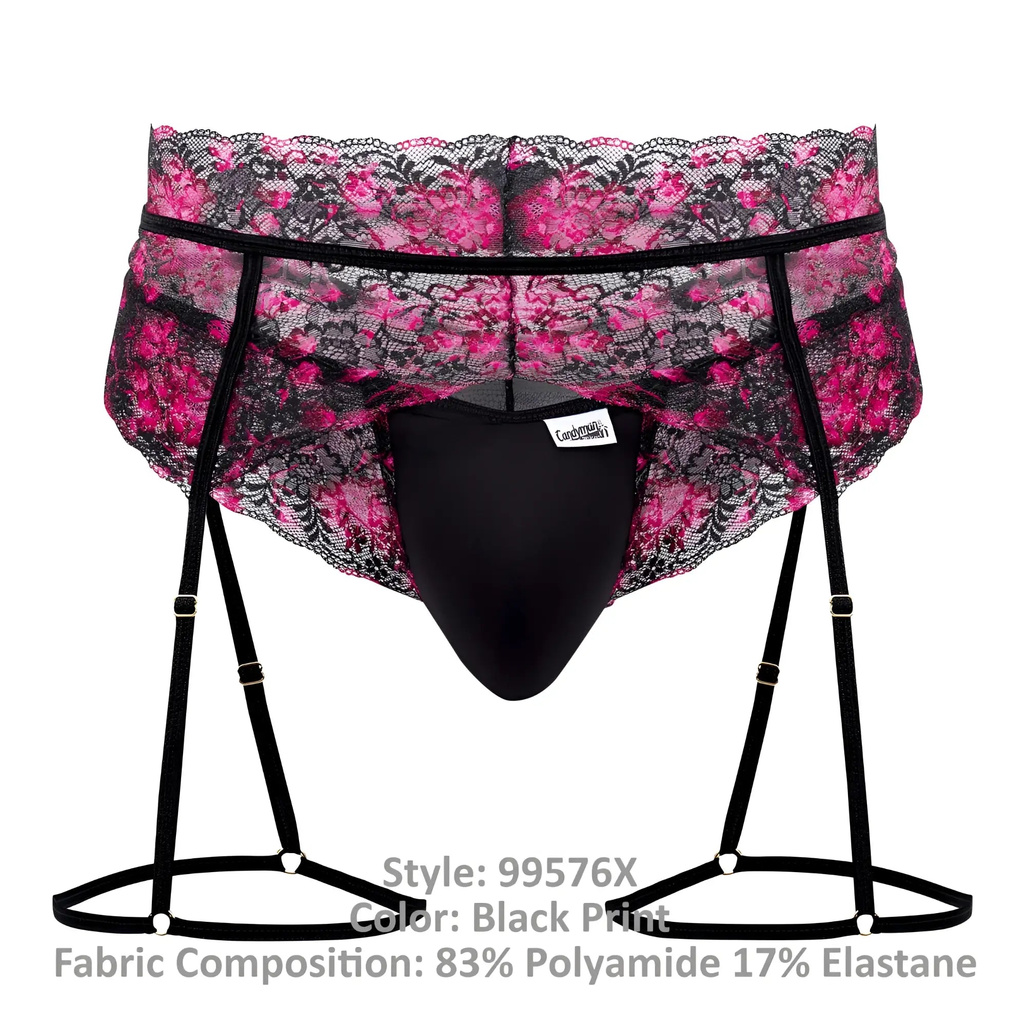 Black lace-trimmed men’s briefs with pink floral pattern and adjustable suspenders candyMan 99576X lace garter thongs black print