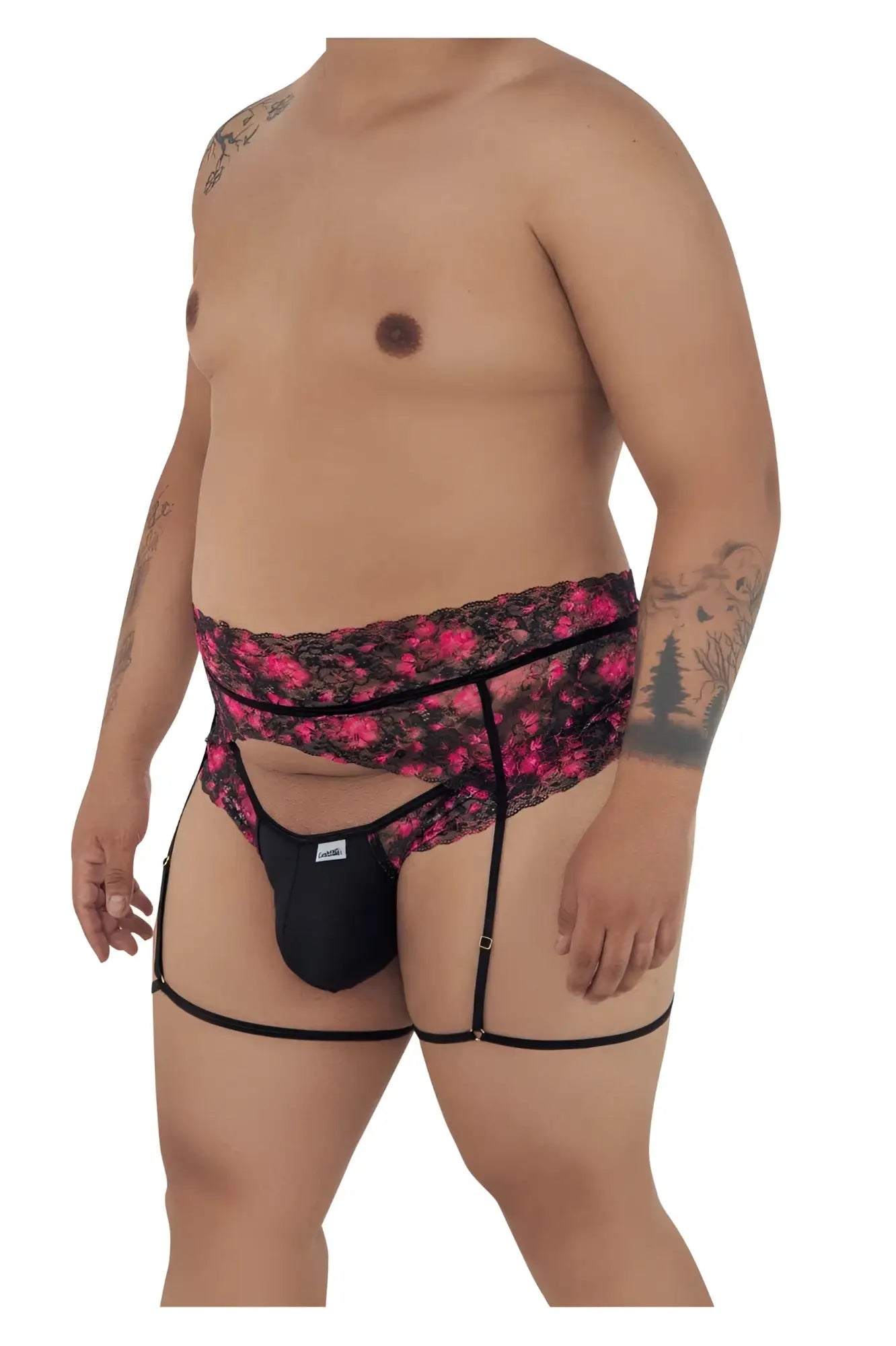 Black lace-trimmed men’s briefs with pink floral pattern and adjustable straps candy man 99576x lace garter thongs