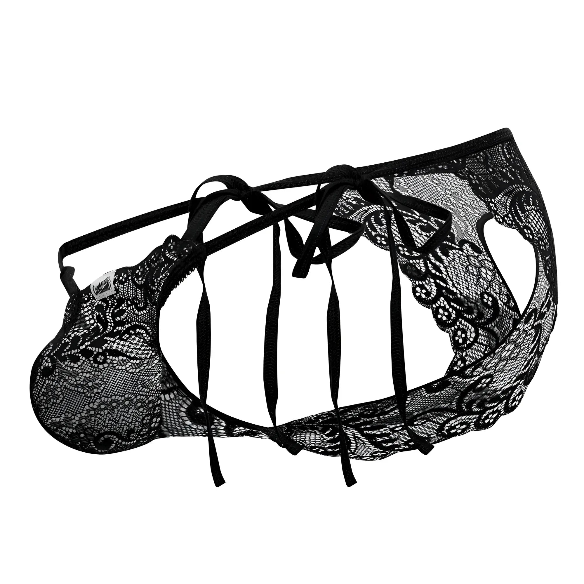 Black lace mens lingerie candyMan 99579 lace heart bikini with intricate floral patterns and adjustable tie-back straps