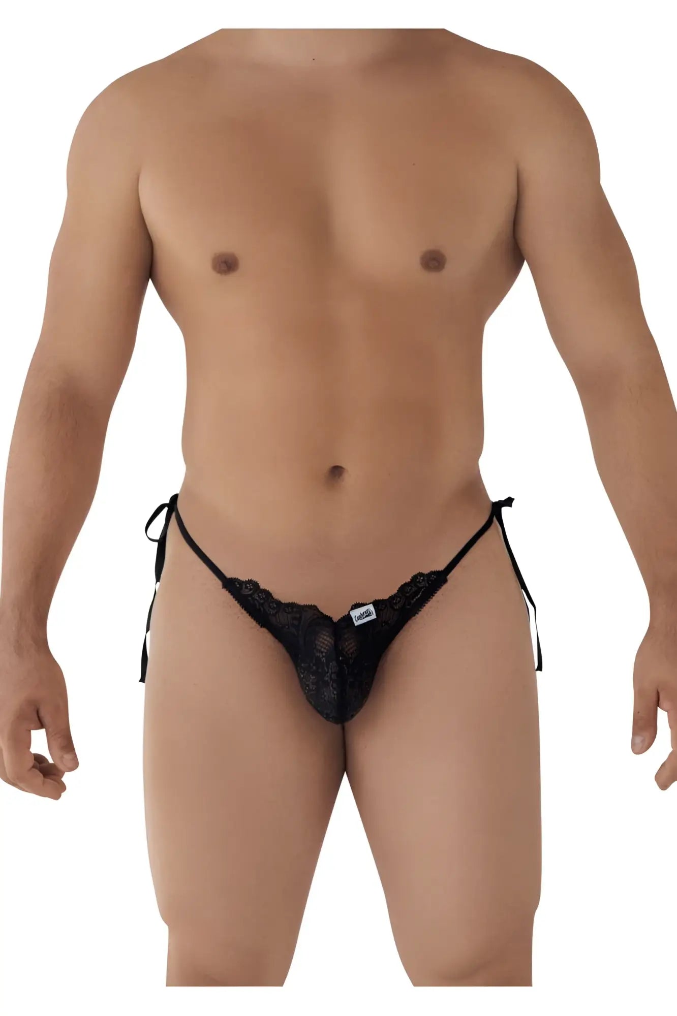 Black lace thong candyMan 99579 lace heart bikini with adjustable side ties showing front view