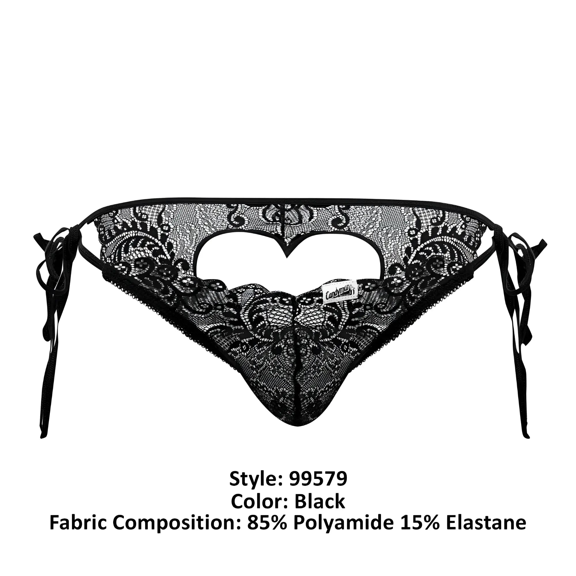 CandyMan 99579 black lace heart bikini thong featuring intricate floral patterns and a heart-shaped center cutout