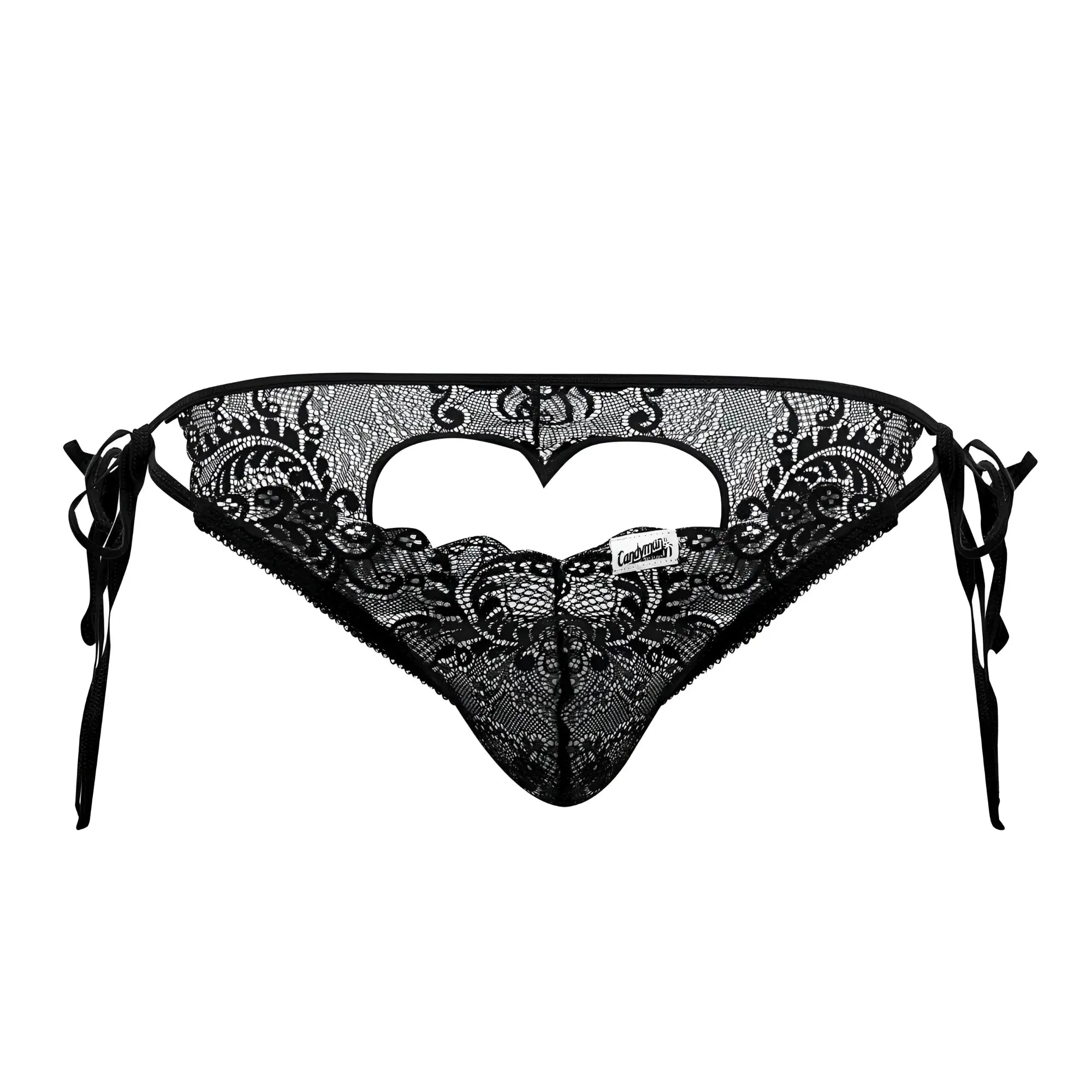 Black lace thong CandyMan 99579 with intricate floral patterns and heart-shaped cutout in color black