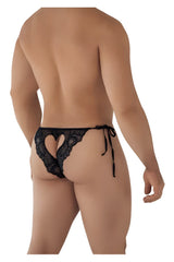 CandyMan 99579 black lace thong bikini with heart-shaped cutout and tied side ties shown from the back side