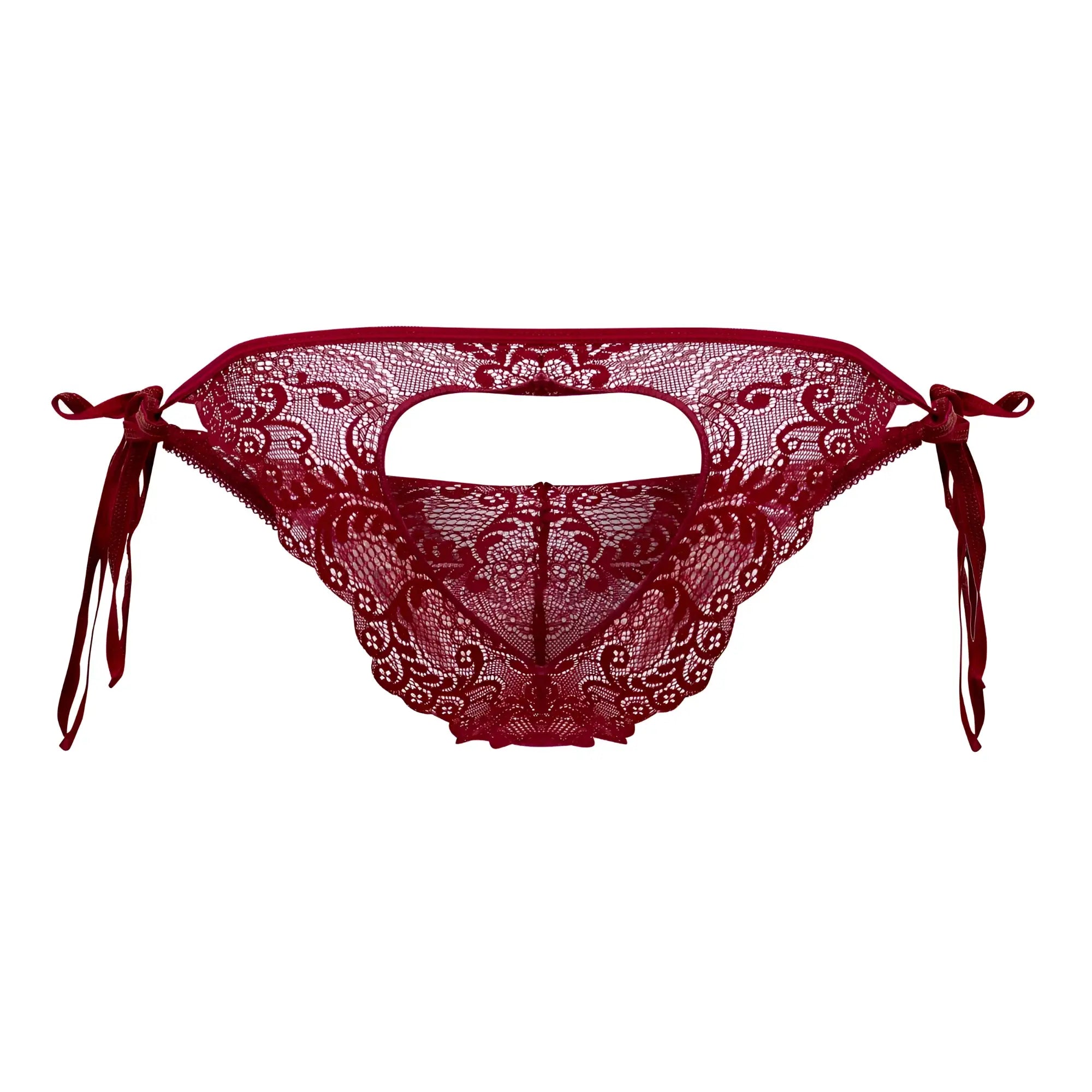 Deep red lace bikini bottom with intricate floral patterns and side ties from candyman 99579 lace heart color burgundy